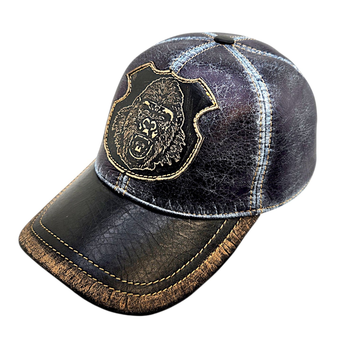 Leather Baseball Cap: Handmade Blue Distressed Cap with Gorilla Patch – Urban Streetwear Hat for Men | Apero Bullo