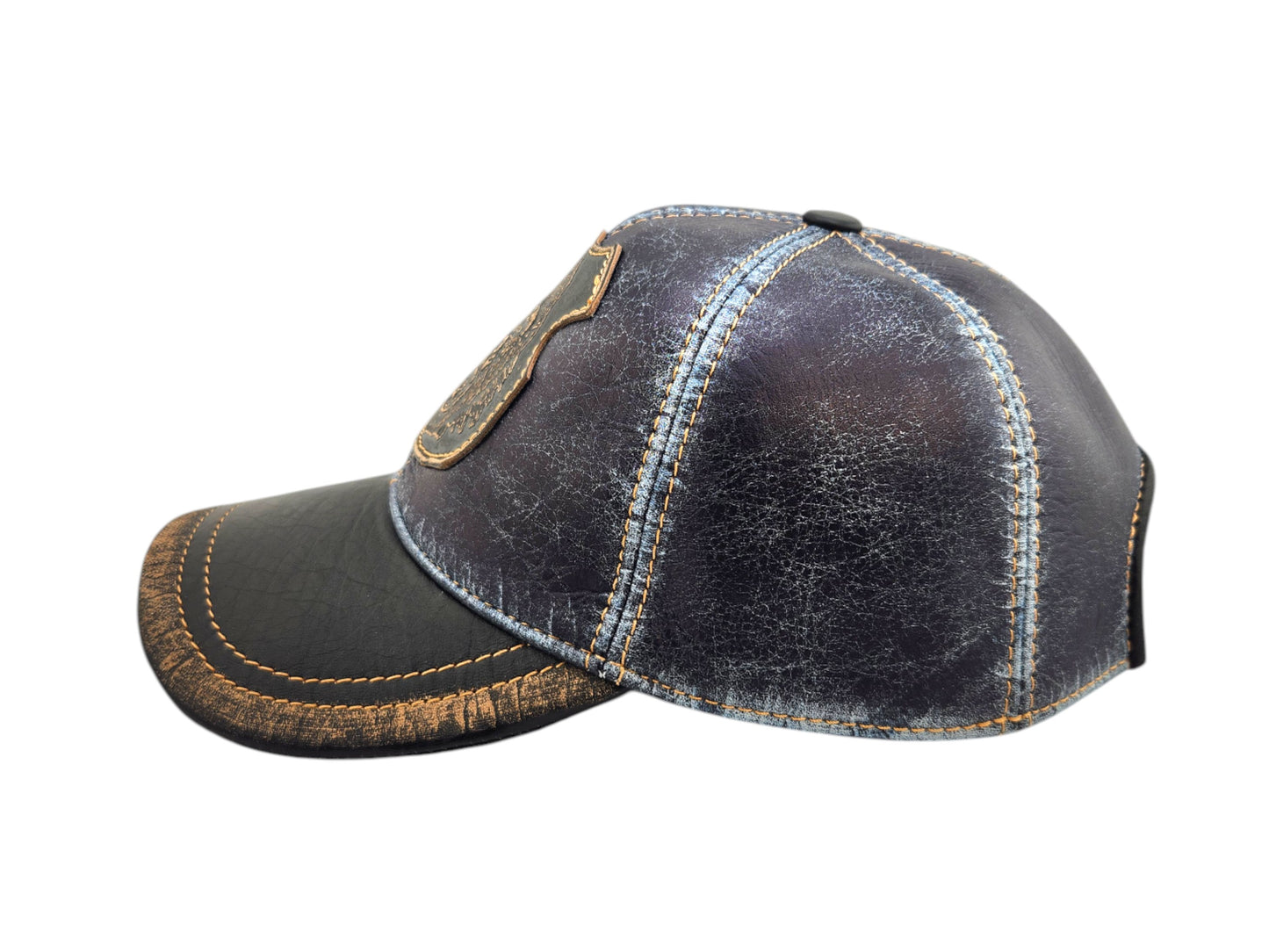 Leather Baseball Cap: Handmade Blue Distressed Cap with Gorilla Patch – Urban Streetwear Hat for Men | Apero Bullo