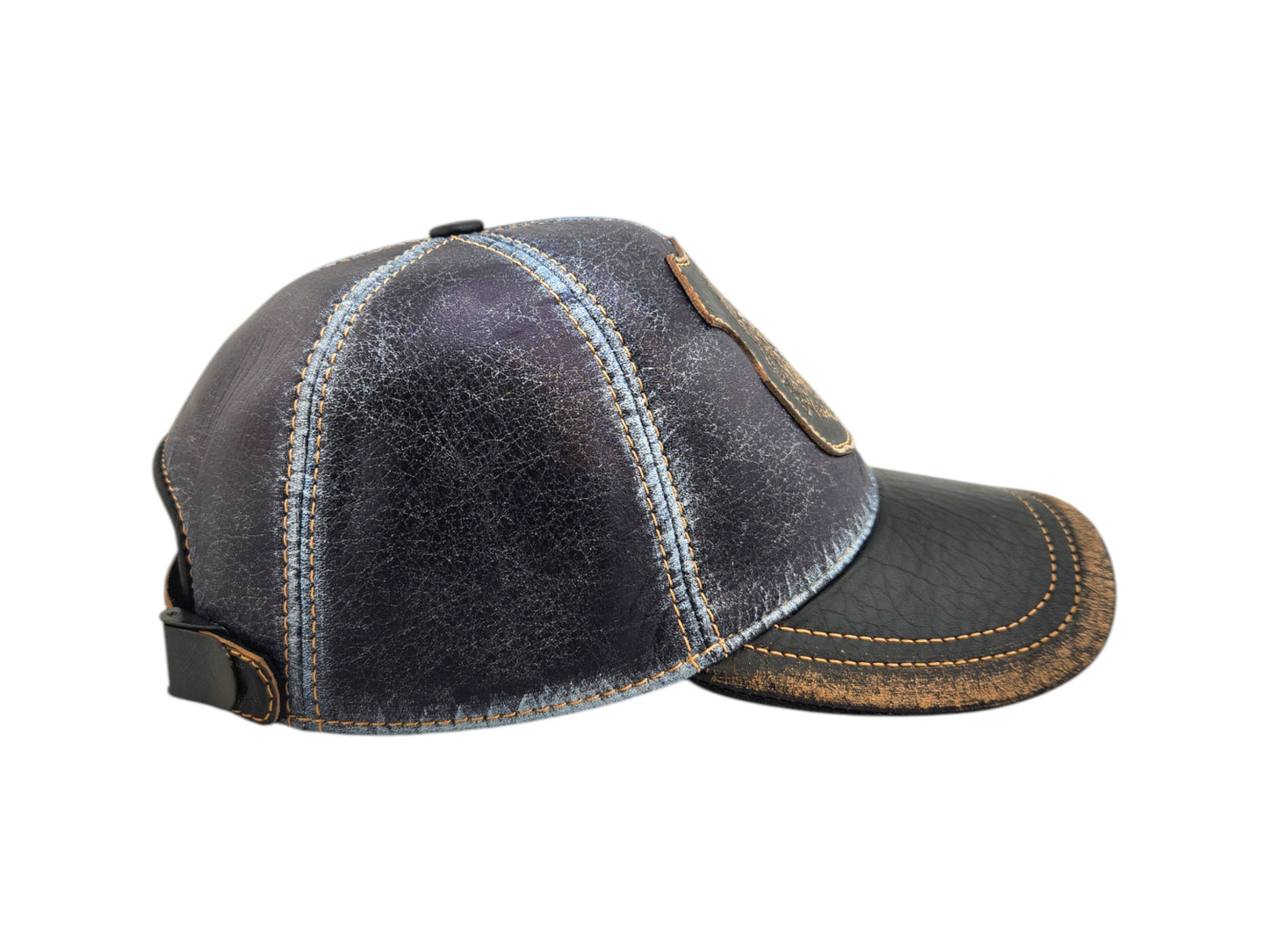 Leather Baseball Cap: Handmade Blue Distressed Cap with Gorilla Patch – Urban Streetwear Hat for Men | Apero Bullo