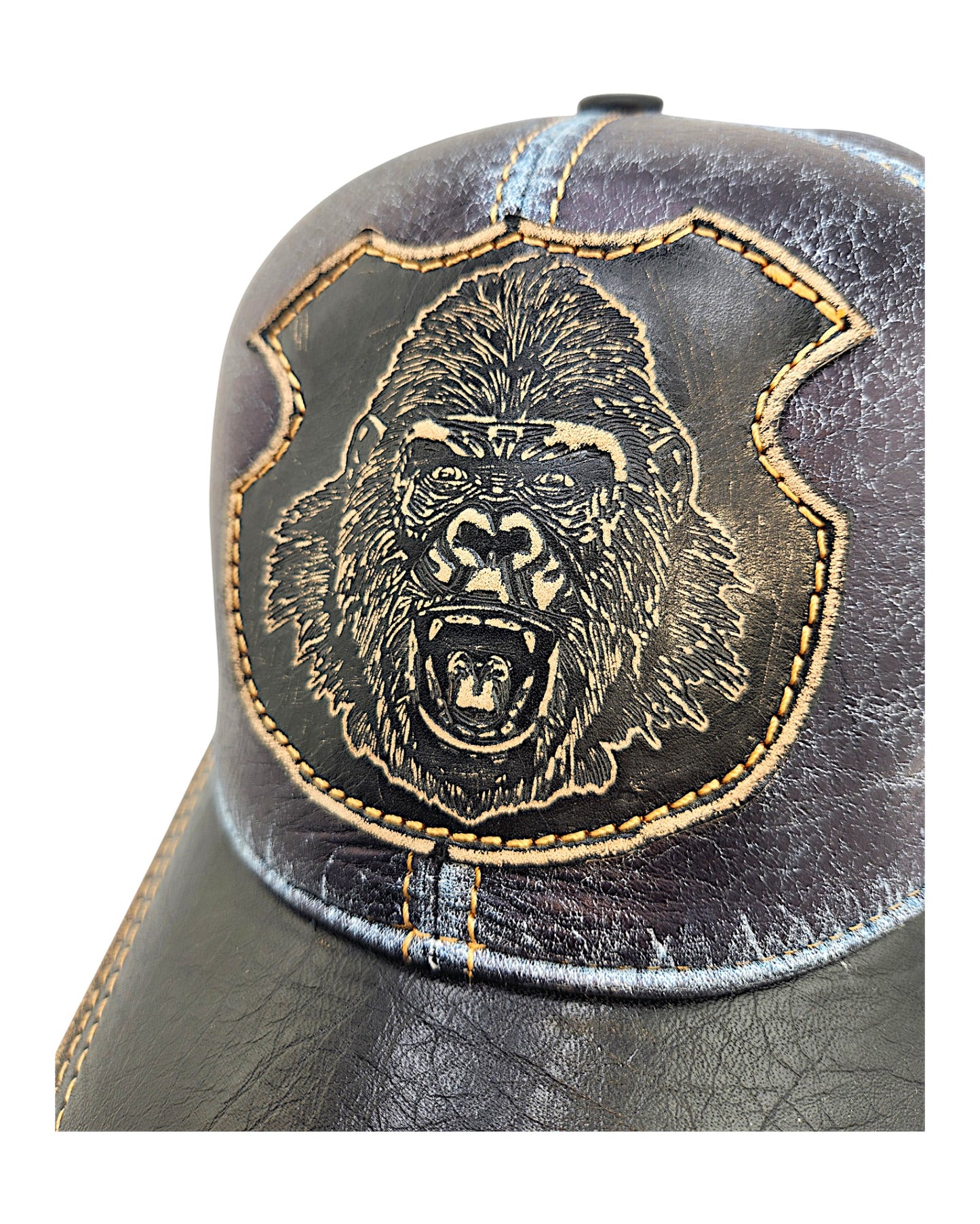Leather Baseball Cap: Handmade Blue Distressed Cap with Gorilla Patch – Urban Streetwear Hat for Men | Apero Bullo