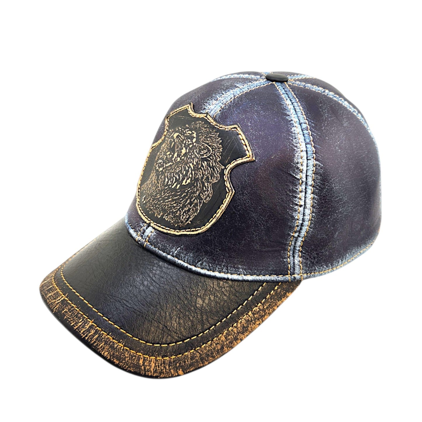 Leather Biker & Hunting Hat: Handmade Distressed Blue Cap with Roaring Lion Patch, Vintage Motorcycle Dad Cap | Apero Bullo