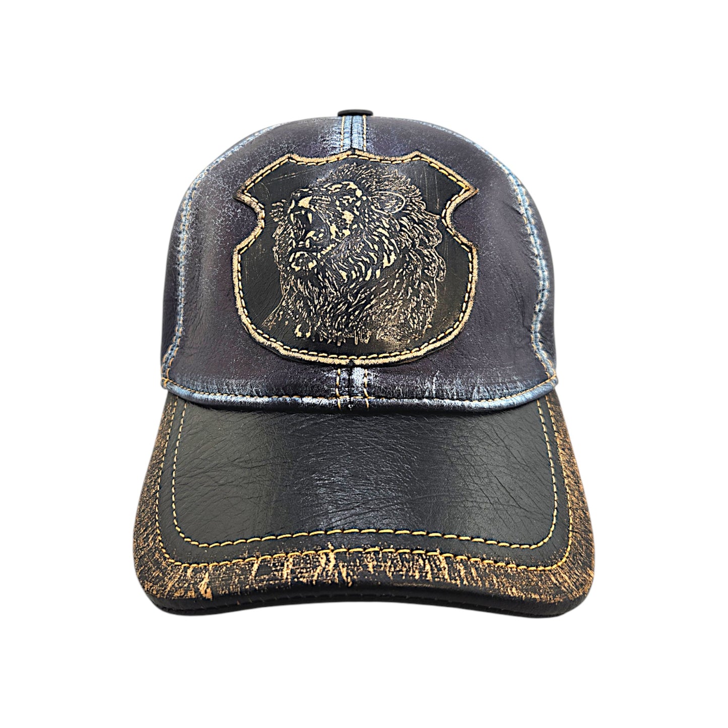 Leather Biker & Hunting Hat: Handmade Distressed Blue Cap with Roaring Lion Patch, Vintage Motorcycle Dad Cap | Apero Bullo
