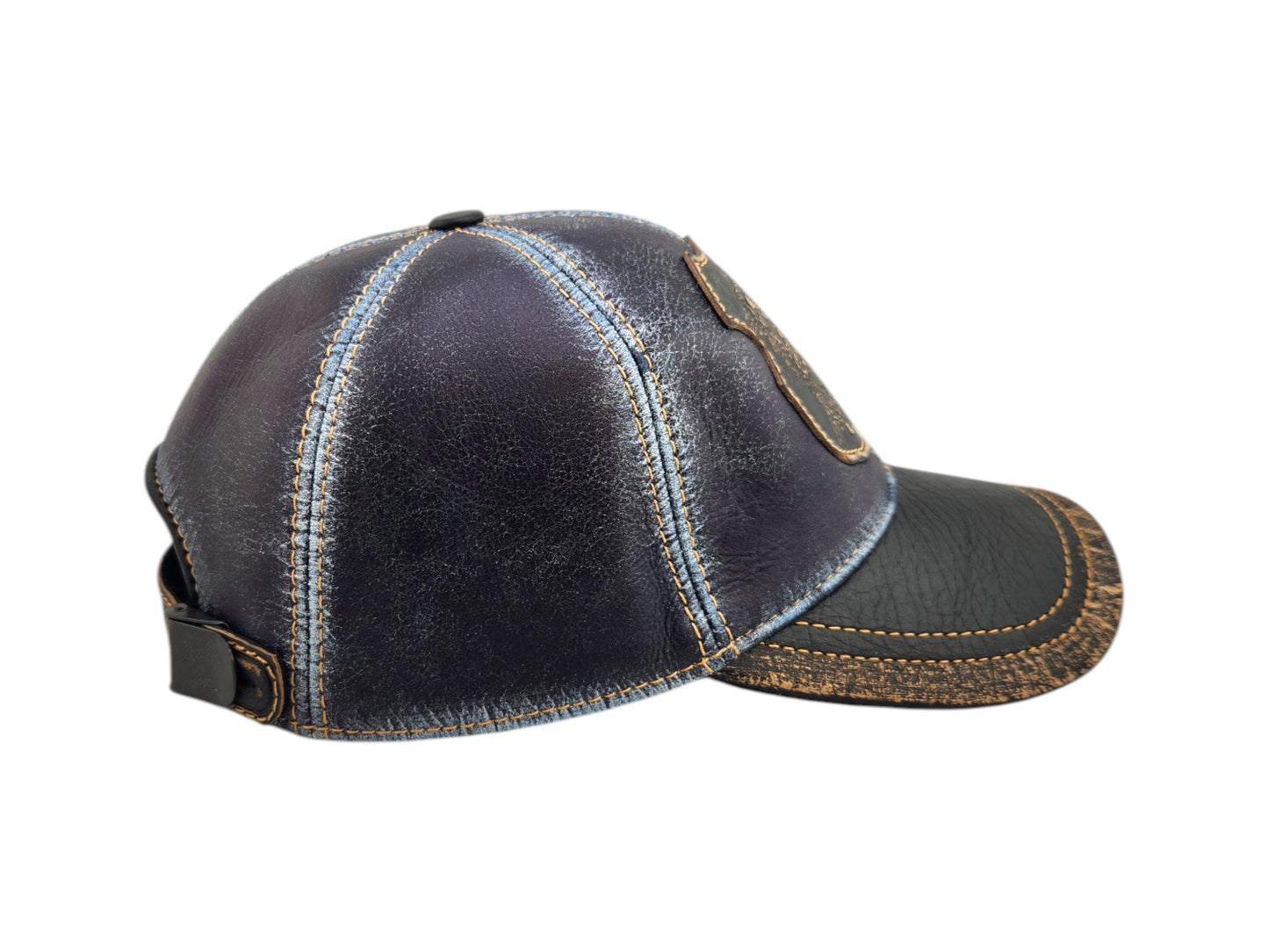 Leather Biker & Hunting Hat: Handmade Distressed Blue Cap with Roaring Lion Patch, Vintage Motorcycle Dad Cap | Apero Bullo