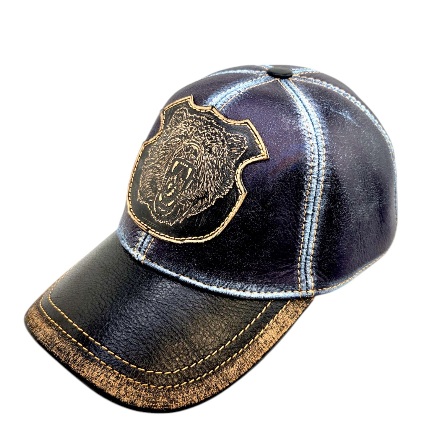 Denim Blue Leather Biker Hunter Hat with Distressed Finish & Grizzly Bear Patch | Apero Bullo