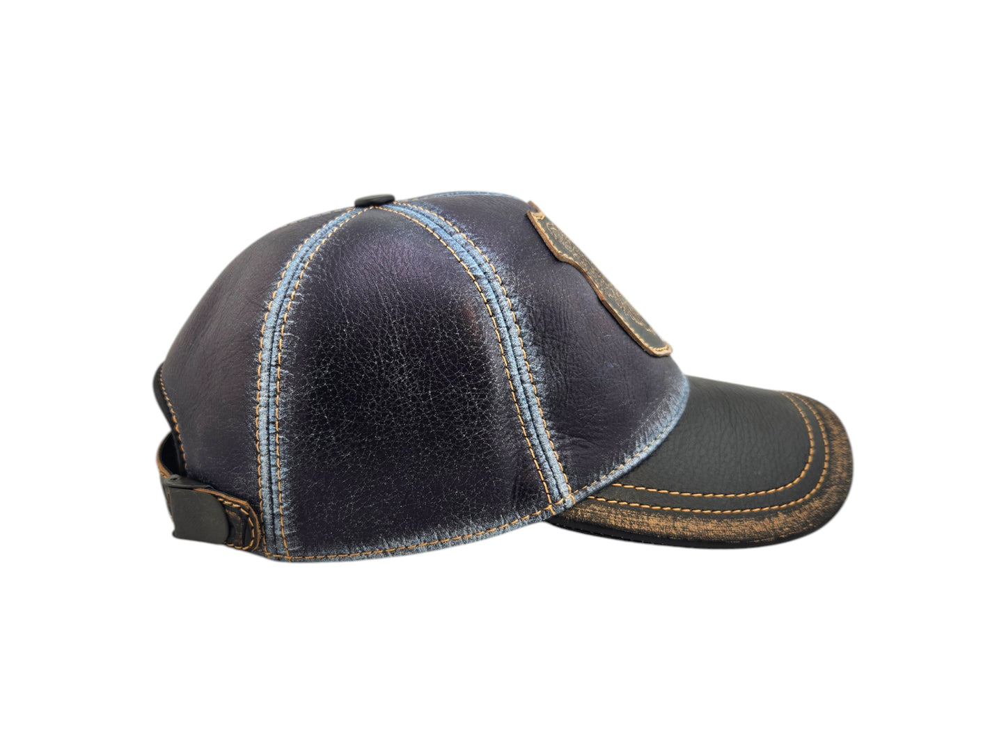 Denim Blue Leather Biker Hunter Hat with Distressed Finish & Grizzly Bear Patch | Apero Bullo