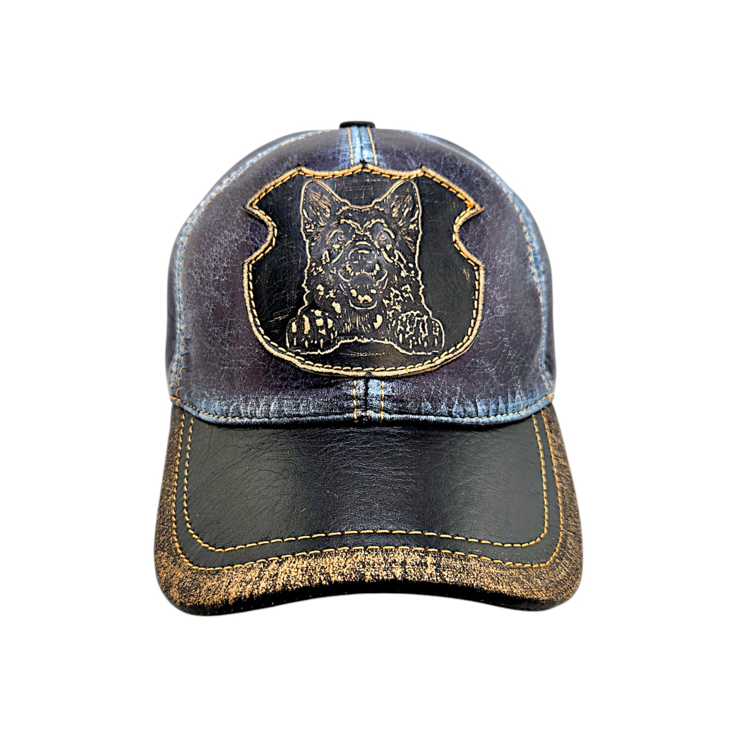 Distressed Leather German Shepherd Baseball Cap β Embossed Shield Patch, Vintage Dog Lover Hat