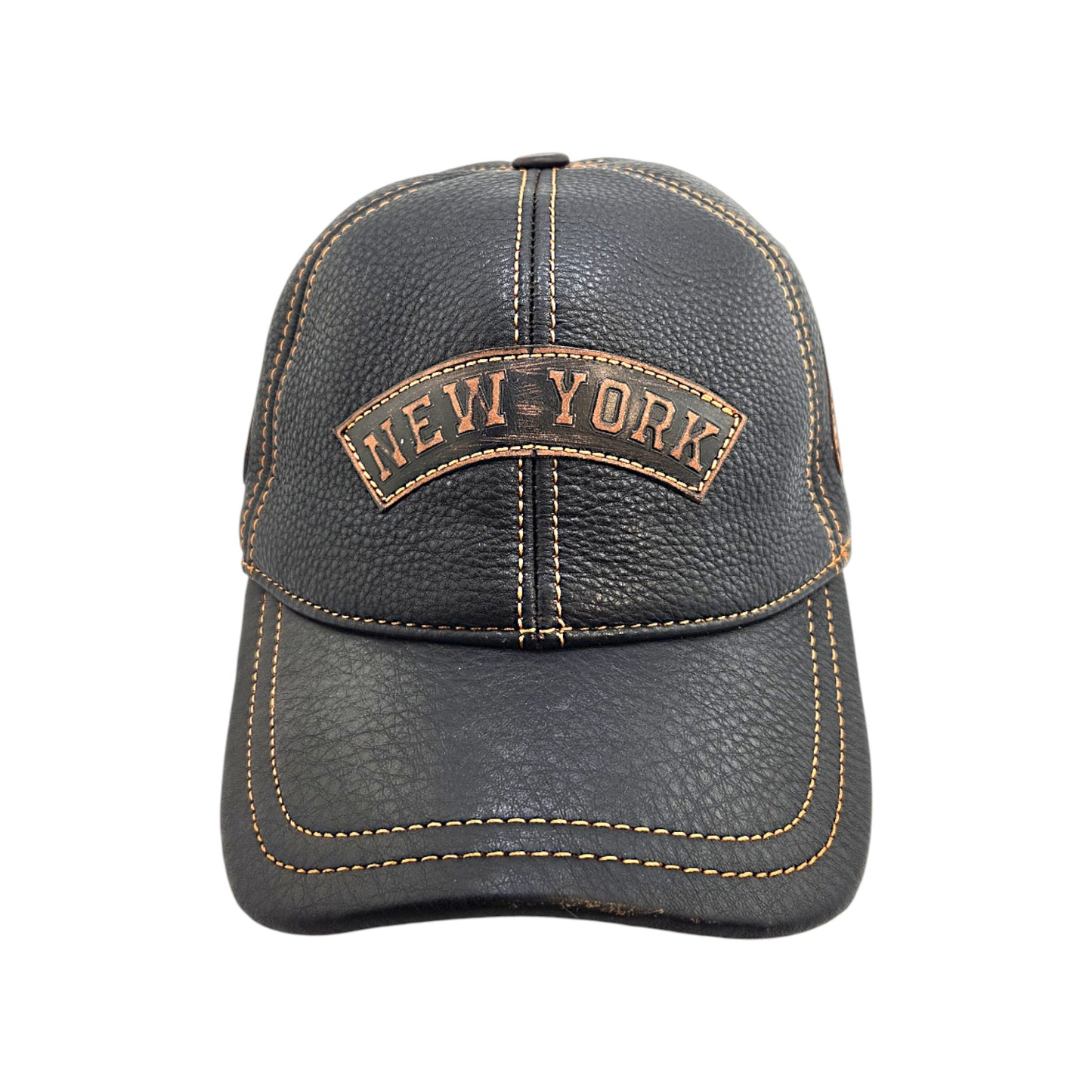 Leather Biker Hat: Handmade Black Motorcycle Cap with New York Patch, Distressed Leather and Adjustable Strap for Men | Apero Bullo