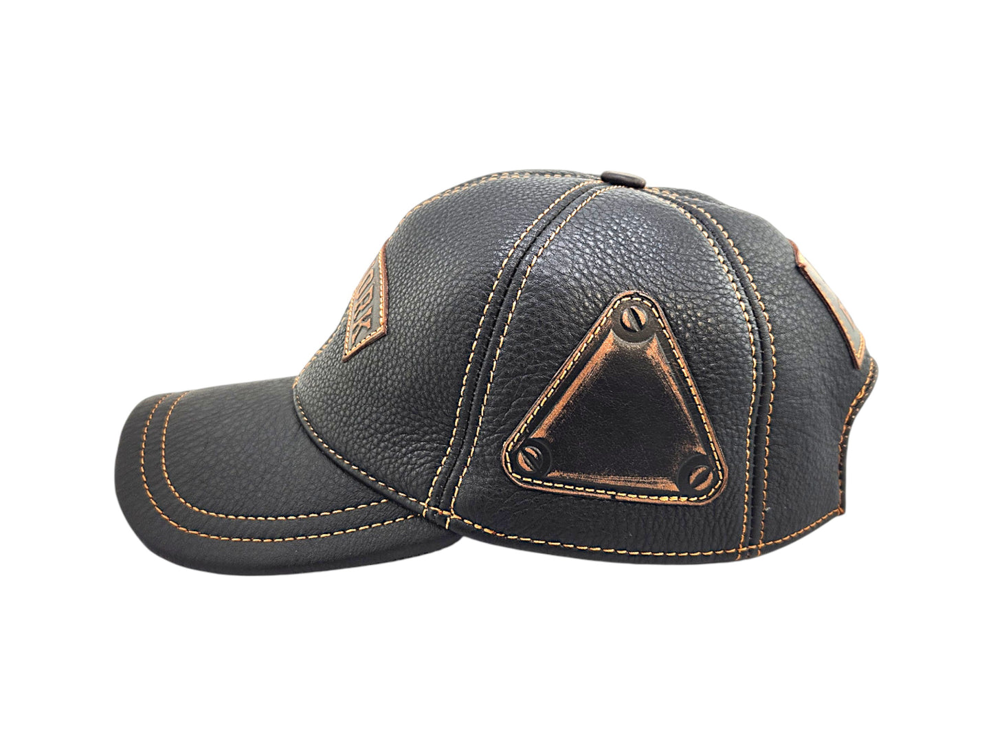 Leather Biker Hat: Handmade Black Motorcycle Cap with New York Patch, Distressed Leather and Adjustable Strap for Men | Apero Bullo