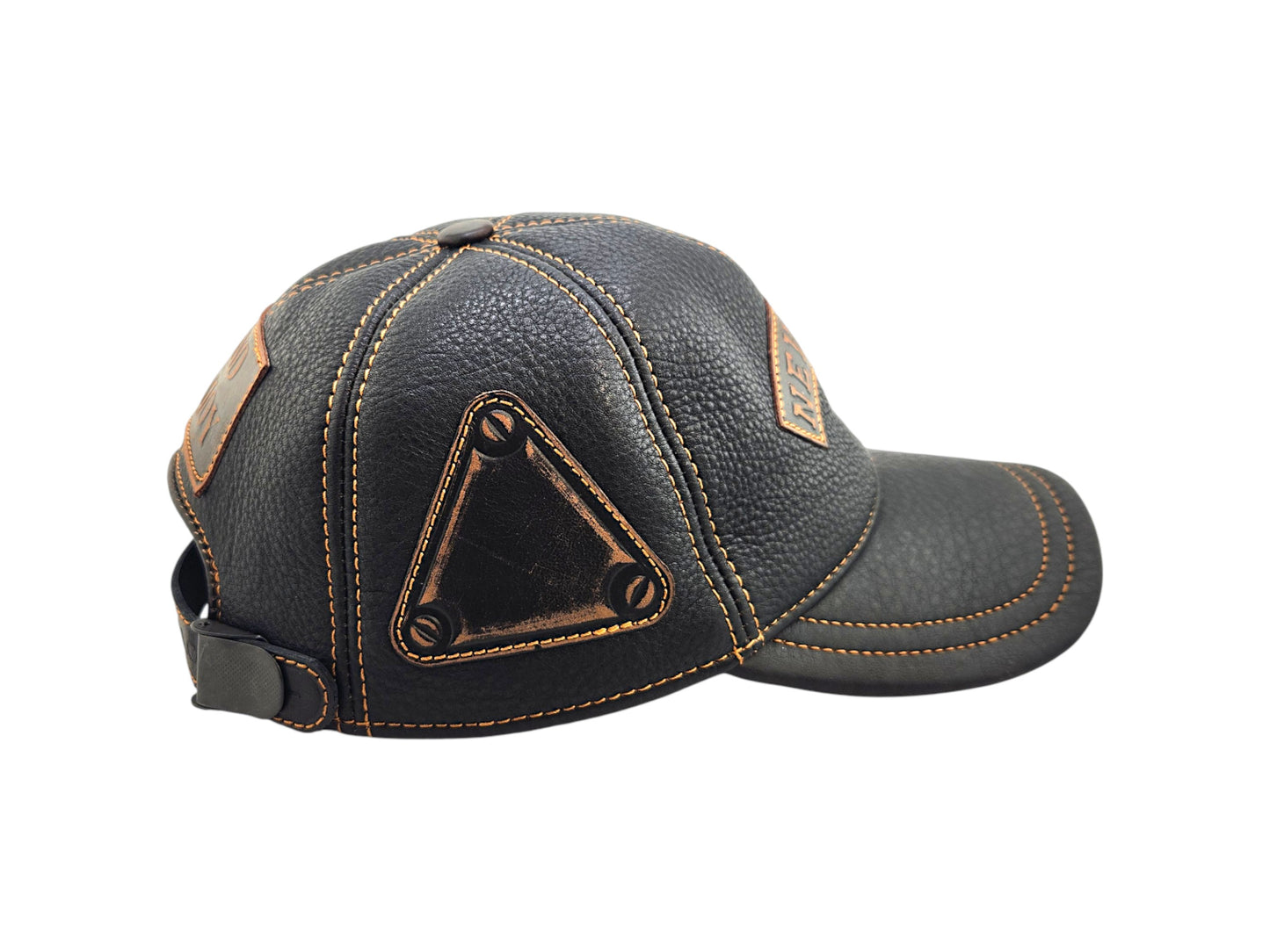 Leather Biker Hat: Handmade Black Motorcycle Cap with New York Patch, Distressed Leather and Adjustable Strap for Men | Apero Bullo
