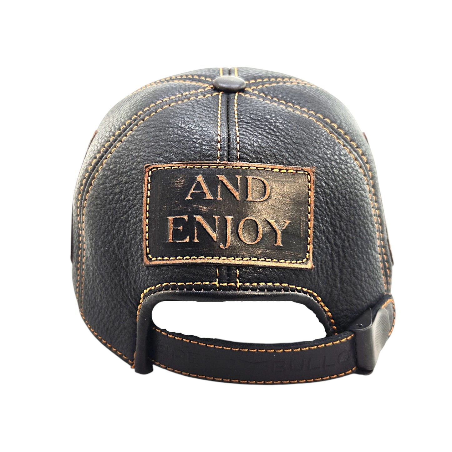 Leather Biker Hat: Handmade Black Motorcycle Cap with New York Patch, Distressed Leather and Adjustable Strap for Men | Apero Bullo