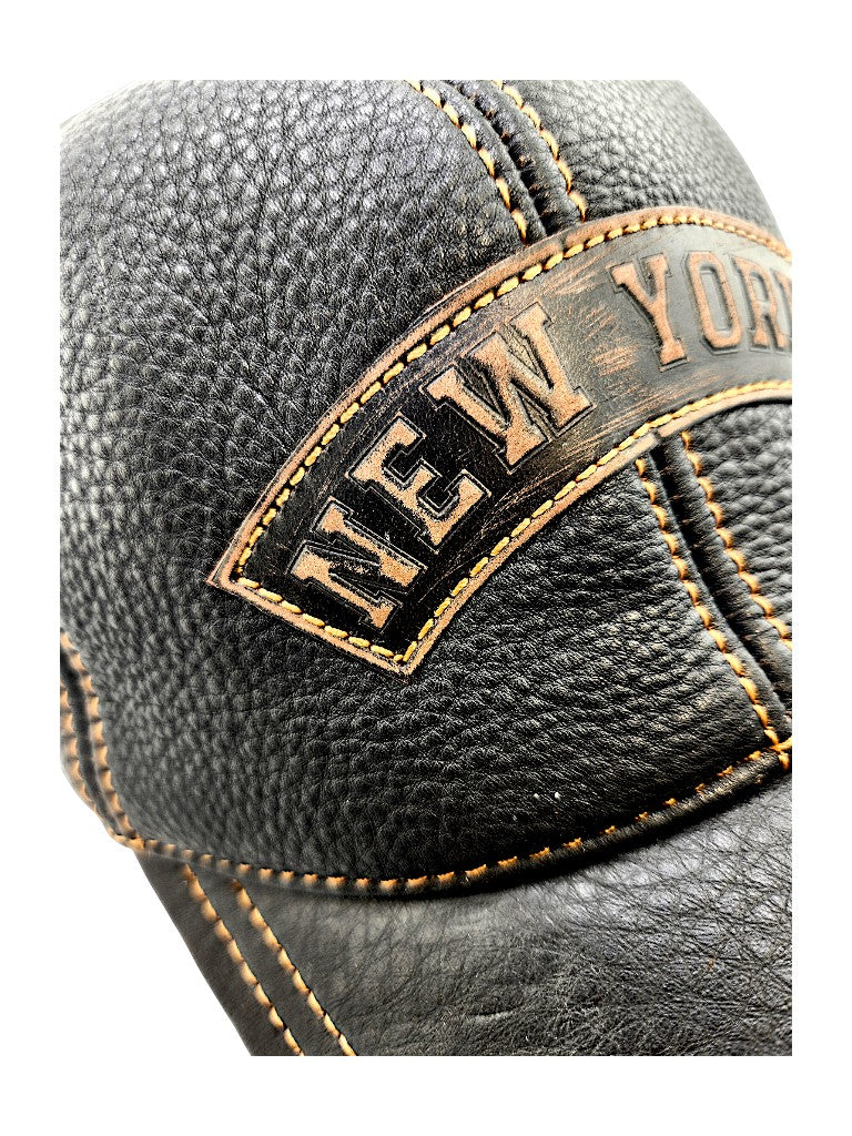 Leather Biker Hat: Handmade Black Motorcycle Cap with New York Patch, Distressed Leather and Adjustable Strap for Men | Apero Bullo