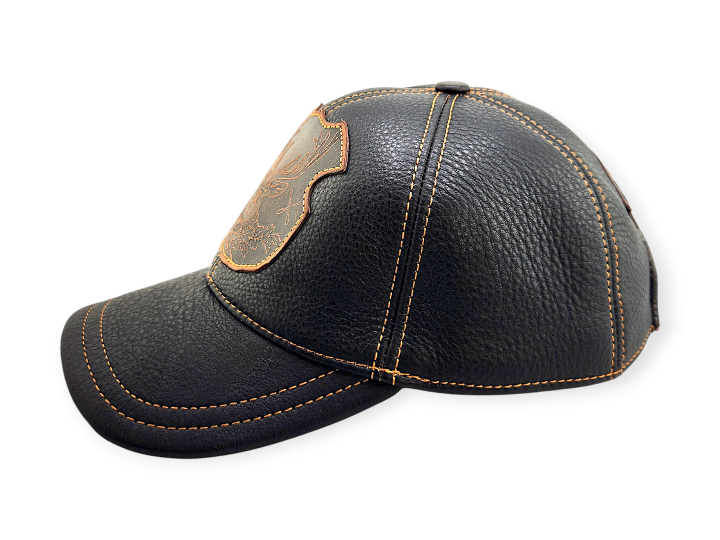 Leather Hunting Cap: Handmade Black Hunter Hat with Deer Emblem, Vintage Leather Outdoor Cap for Men | Apero Bullo
