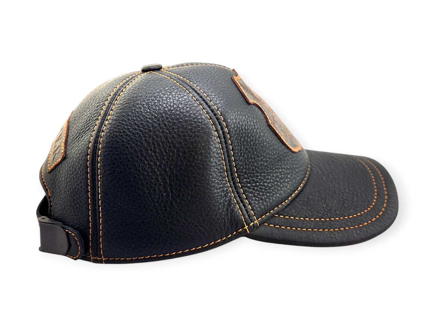 Leather Hunting Cap: Handmade Black Hunter Hat with Deer Emblem, Vintage Leather Outdoor Cap for Men | Apero Bullo