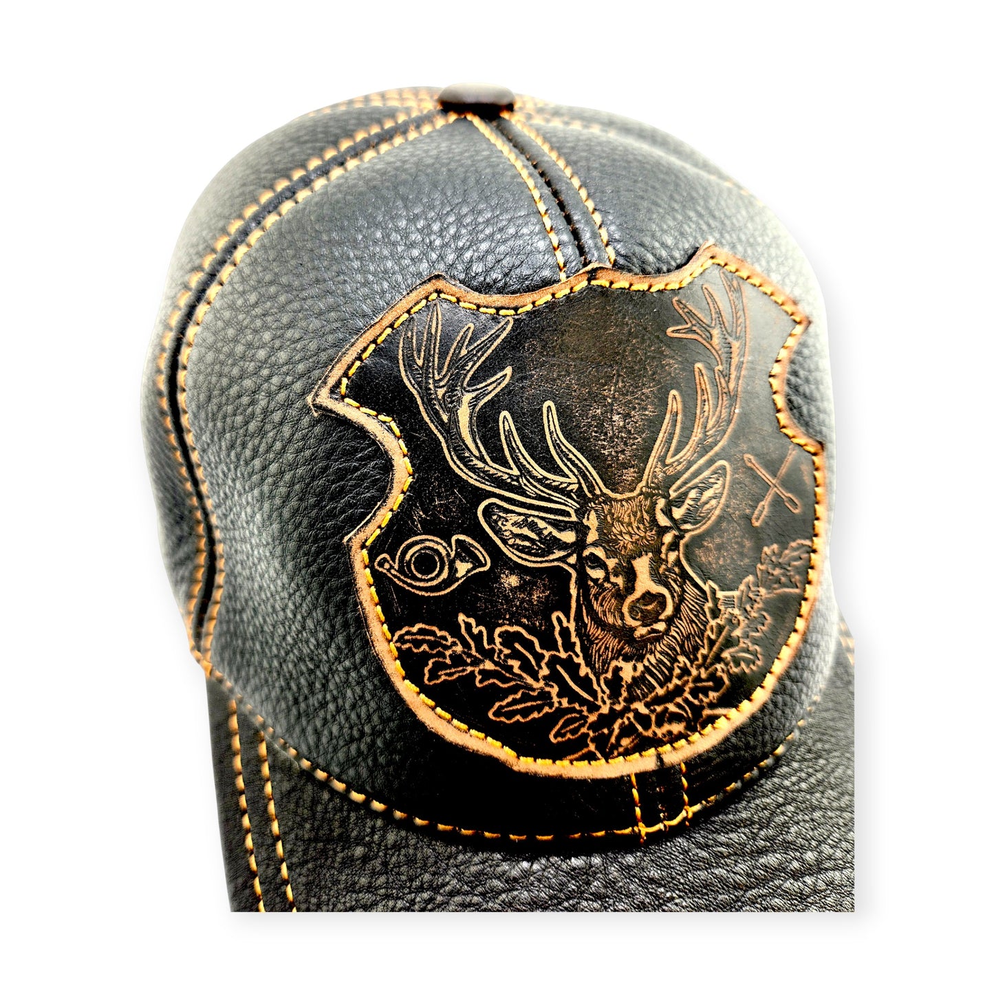 Leather Hunting Cap: Handmade Black Hunter Hat with Deer Emblem, Vintage Leather Outdoor Cap for Men | Apero Bullo