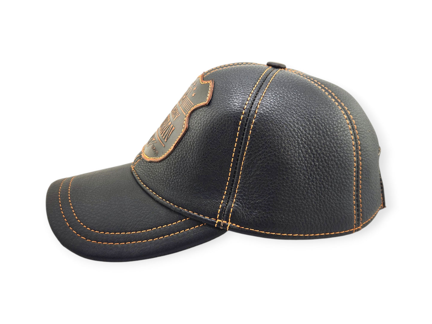 Leather Biker Hat: Handmade Black Motorcycle Cap with US Army Veteran Shield Patch, Distressed Leather Baseball Hat for Men | Apero Bullo