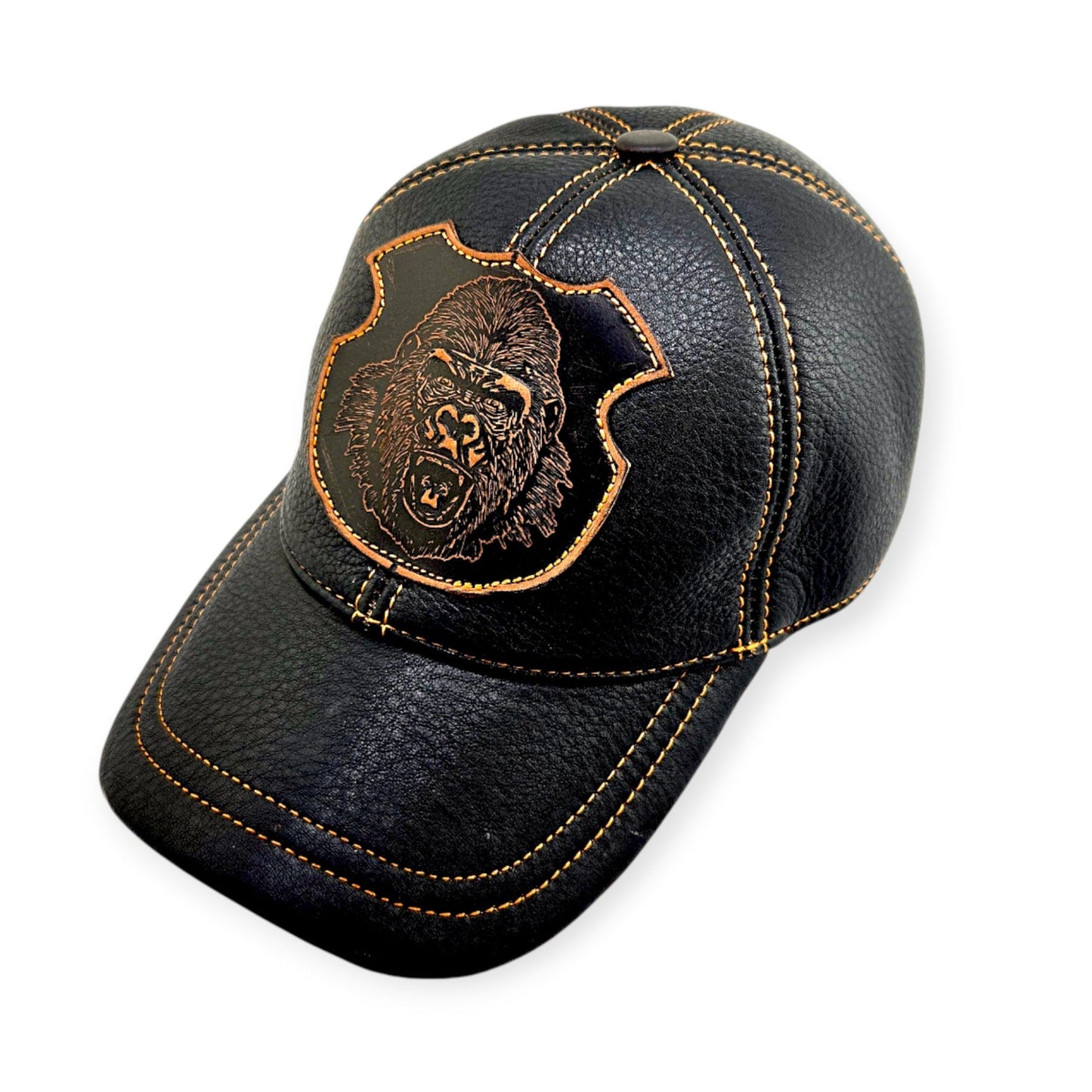 Leather Biker Hat: Handmade Black Motorcycle Cap for Men with Roaring Gorilla Patch, Military Baseball Style Leather Hat | Apero Bullo