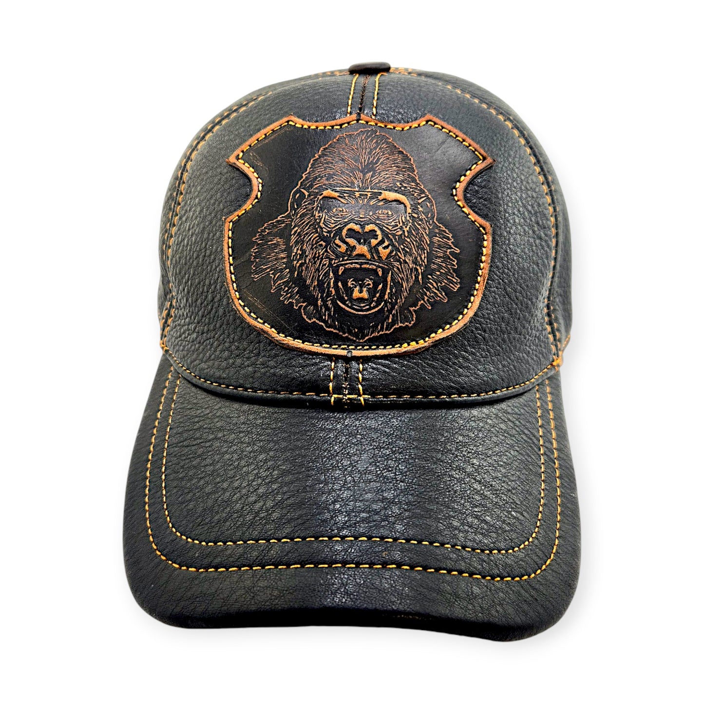 Leather Biker Hat: Handmade Black Motorcycle Cap for Men with Roaring Gorilla Patch, Military Baseball Style Leather Hat | Apero Bullo