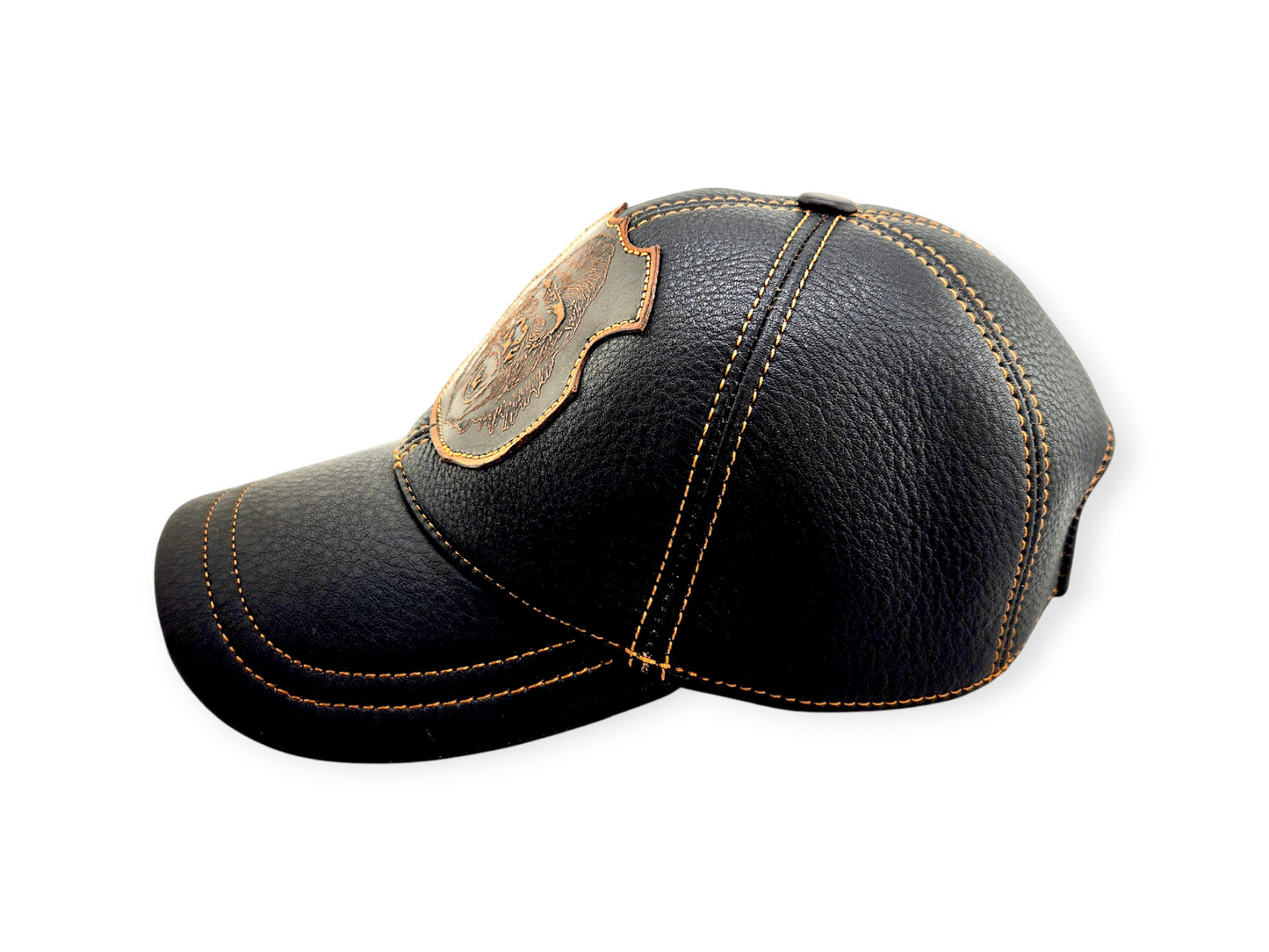 Leather Biker Hat: Handmade Black Motorcycle Cap for Men with Roaring Gorilla Patch, Military Baseball Style Leather Hat | Apero Bullo