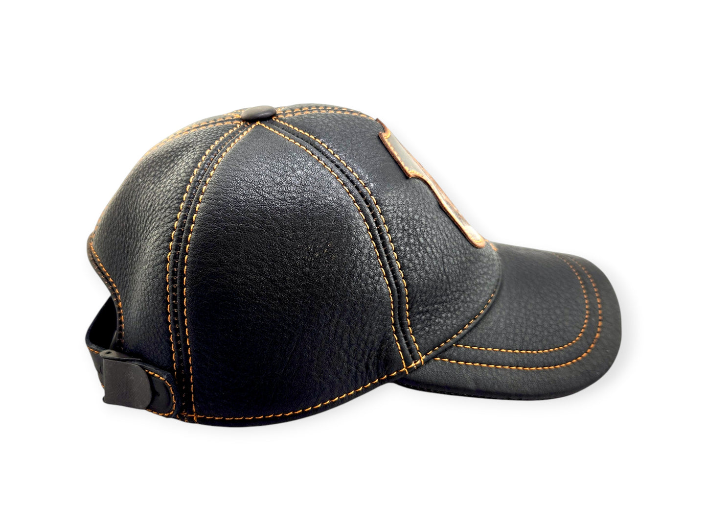Leather Biker Hat: Handmade Black Motorcycle Cap for Men with Roaring Gorilla Patch, Military Baseball Style Leather Hat | Apero Bullo