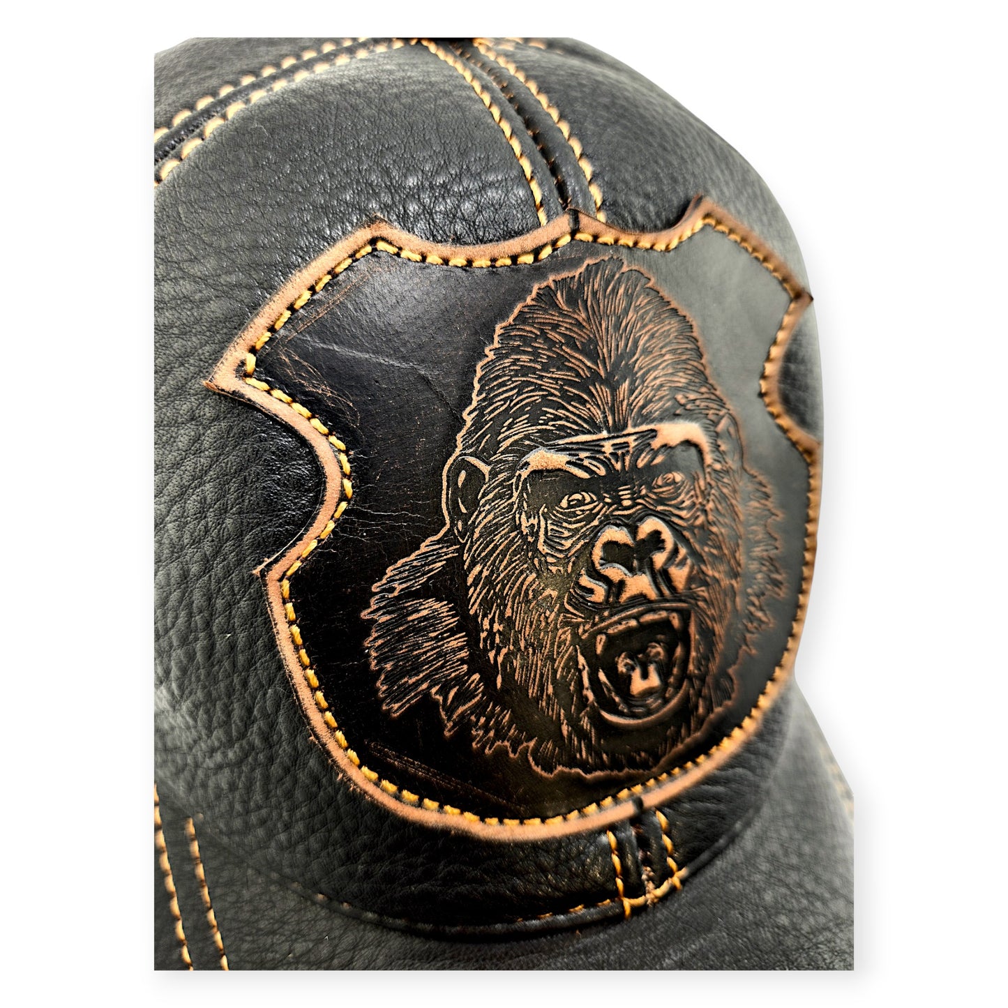 Leather Biker Hat: Handmade Black Motorcycle Cap for Men with Roaring Gorilla Patch, Military Baseball Style Leather Hat | Apero Bullo