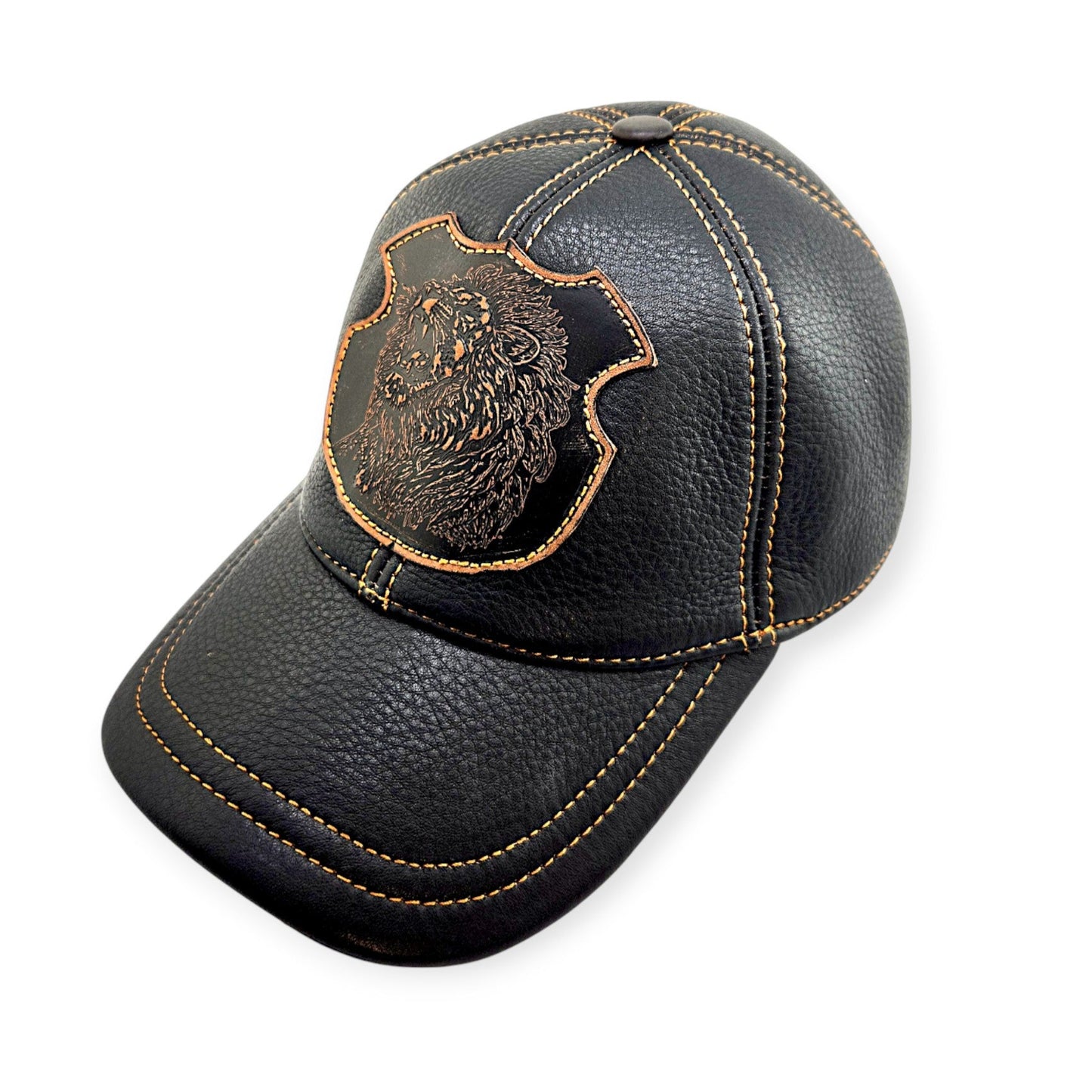 Leather Biker & Hunting Hat: Handmade Black Cap with Roaring Lion Patch, Vintage Motorcycle Dad Cap | Apero Bullo