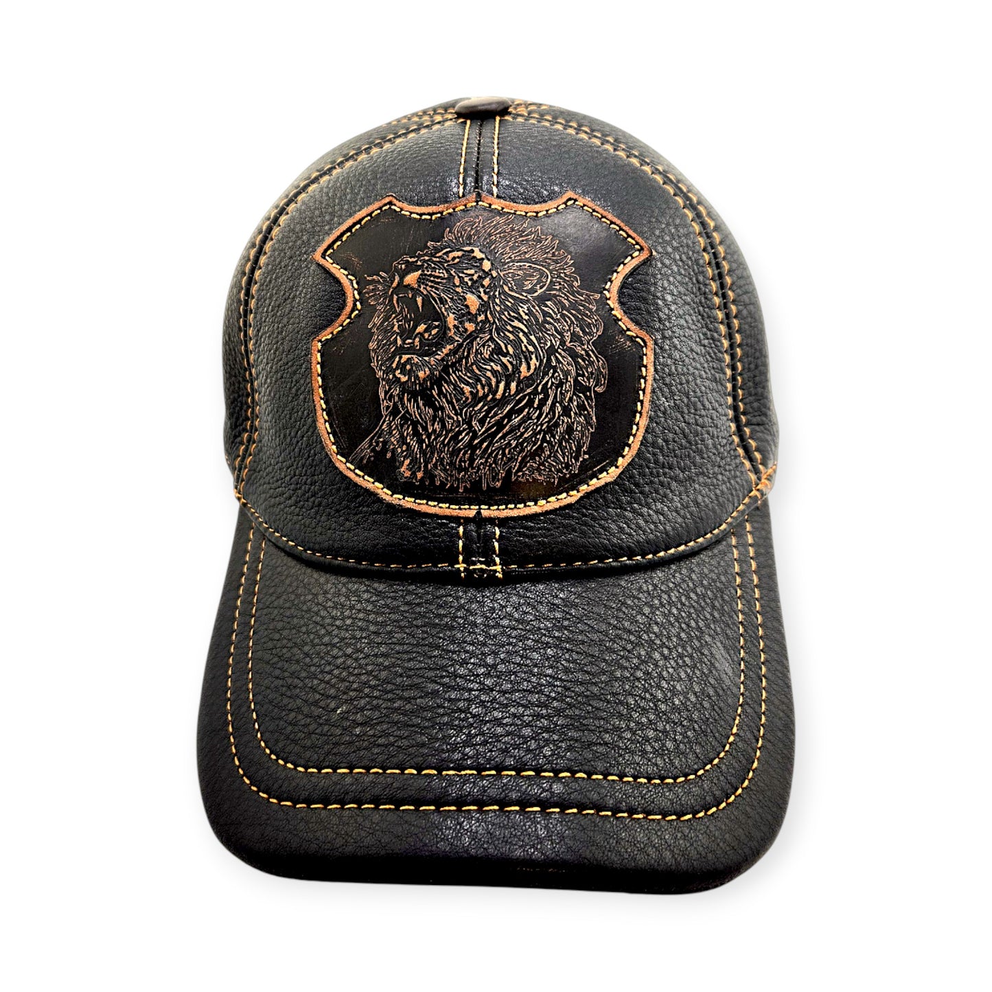 Leather Biker & Hunting Hat: Handmade Black Cap with Roaring Lion Patch, Vintage Motorcycle Dad Cap | Apero Bullo