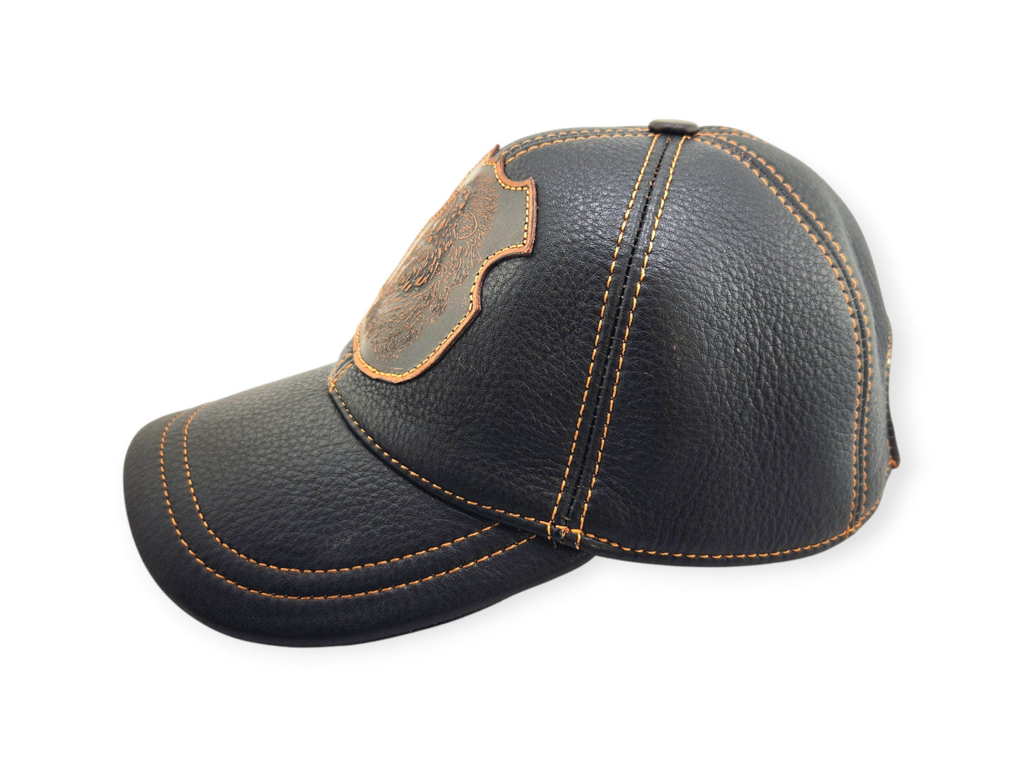 Leather Biker & Hunting Hat: Handmade Black Cap with Roaring Lion Patch, Vintage Motorcycle Dad Cap | Apero Bullo