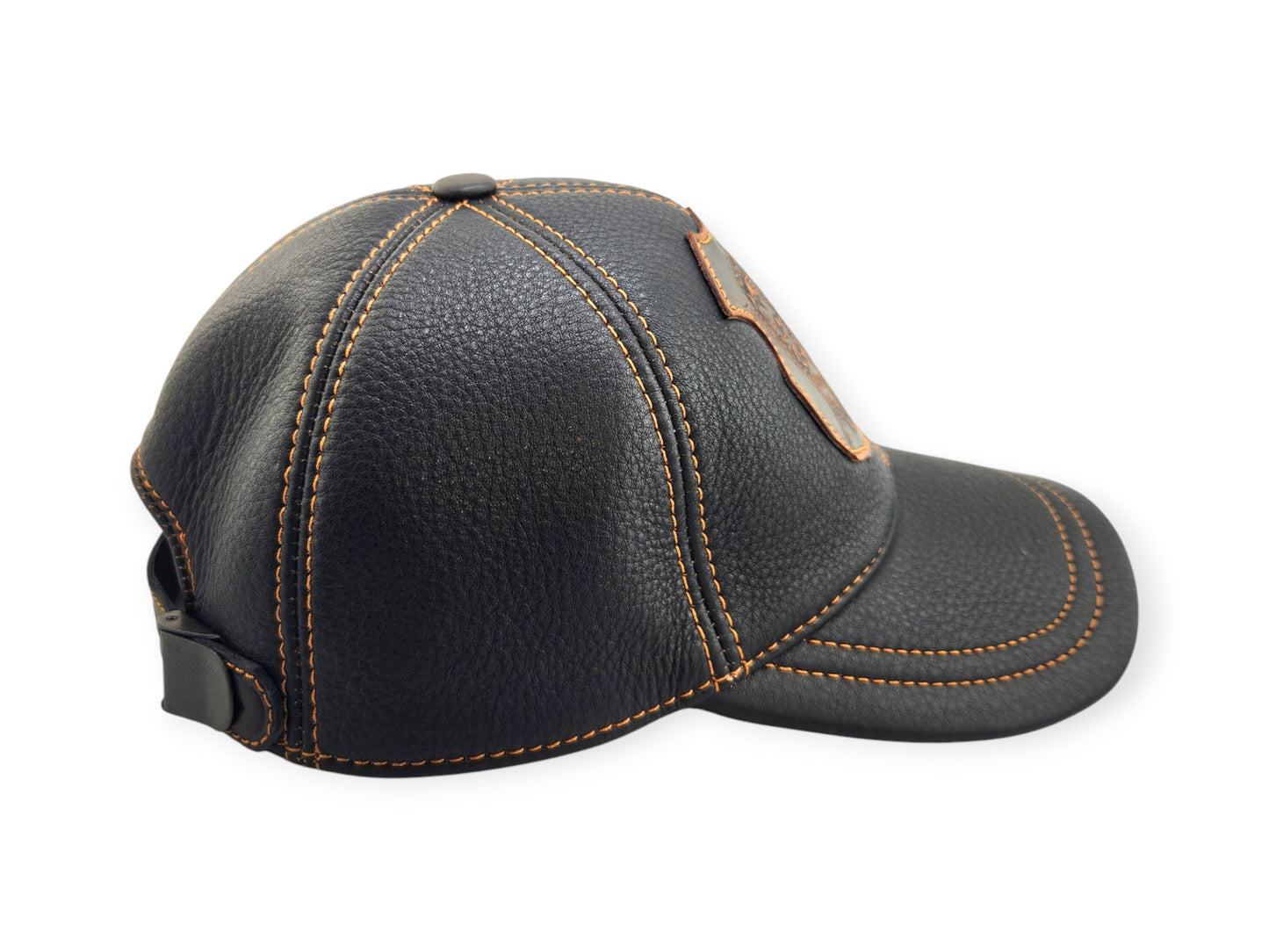 Leather Biker & Hunting Hat: Handmade Black Cap with Roaring Lion Patch, Vintage Motorcycle Dad Cap | Apero Bullo