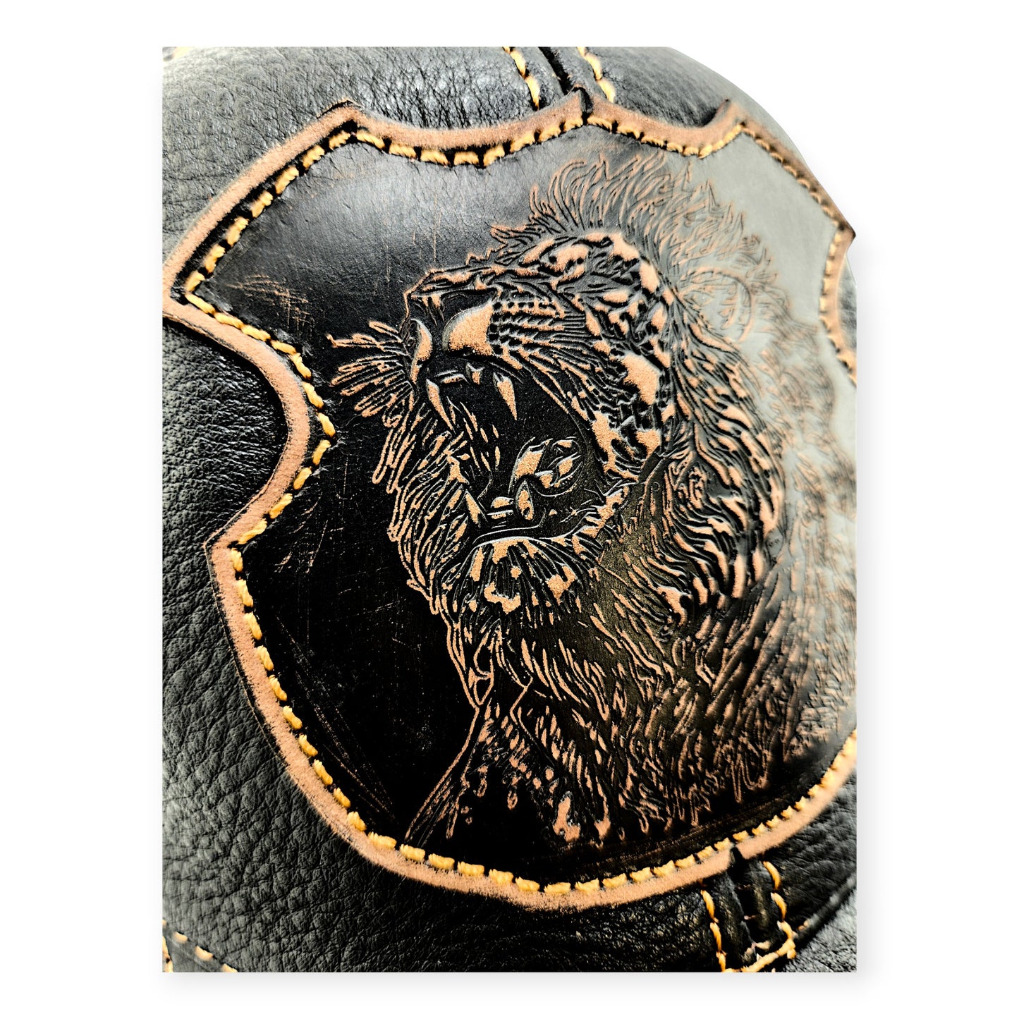 Leather Biker & Hunting Hat: Handmade Black Cap with Roaring Lion Patch, Vintage Motorcycle Dad Cap | Apero Bullo