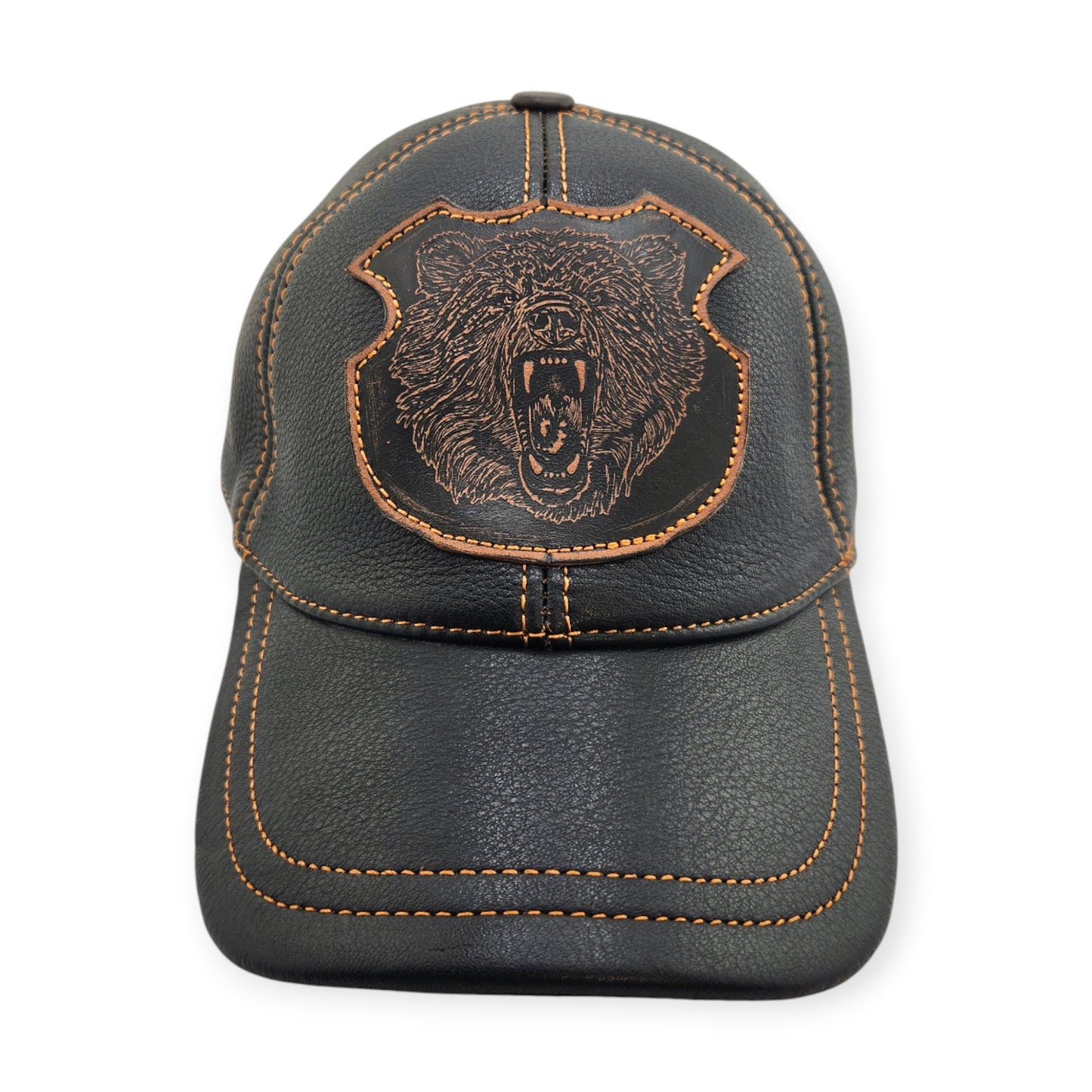 Leather Hat: Handmade Black Biker & Hunting Cap with Grizzly Bear Patch, Vintage Style for Men | Apero Bullo