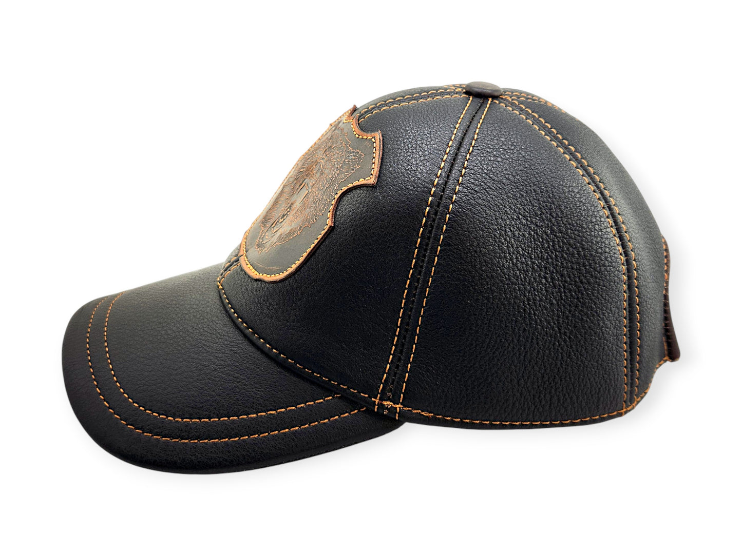 Leather Hat: Handmade Black Biker & Hunting Cap with Grizzly Bear Patch, Vintage Style for Men | Apero Bullo
