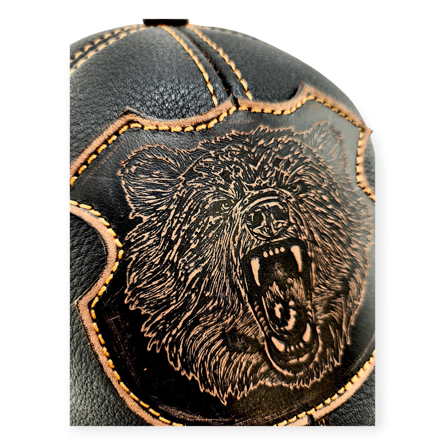 Leather Hat: Handmade Black Biker & Hunting Cap with Grizzly Bear Patch, Vintage Style for Men | Apero Bullo