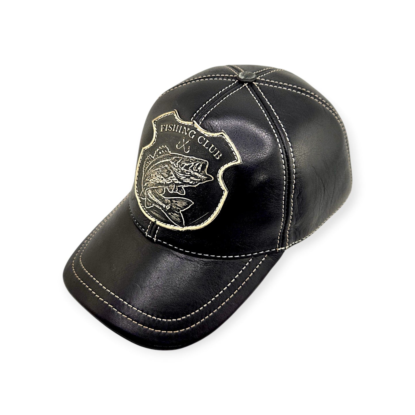 Leather Fishing Cap: Handmade Black Fisherman Hat with Bass Emblem, Leather Outdoor Cap for Men | Apero Bullo