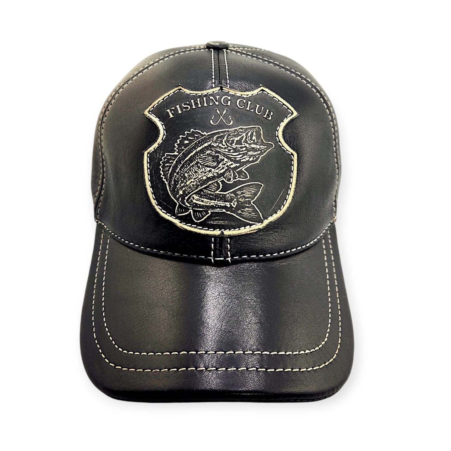 Leather Fishing Cap: Handmade Black Fisherman Hat with Bass Emblem, Leather Outdoor Cap for Men | Apero Bullo