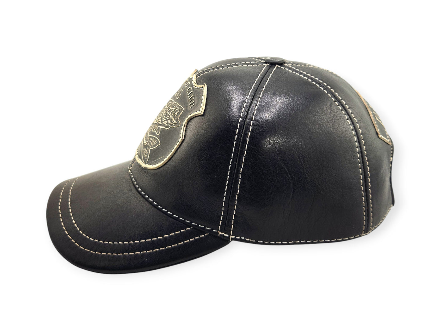 Leather Fishing Cap: Handmade Black Fisherman Hat with Bass Emblem, Leather Outdoor Cap for Men | Apero Bullo