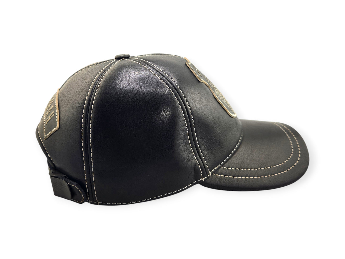 Leather Fishing Cap: Handmade Black Fisherman Hat with Bass Emblem, Leather Outdoor Cap for Men | Apero Bullo