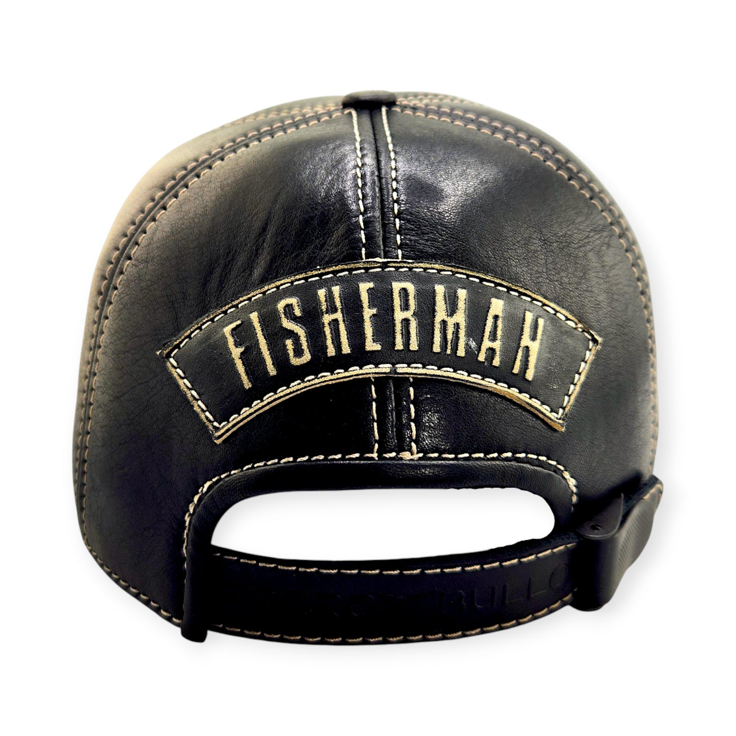 Leather Fishing Cap: Handmade Black Fisherman Hat with Bass Emblem, Leather Outdoor Cap for Men | Apero Bullo