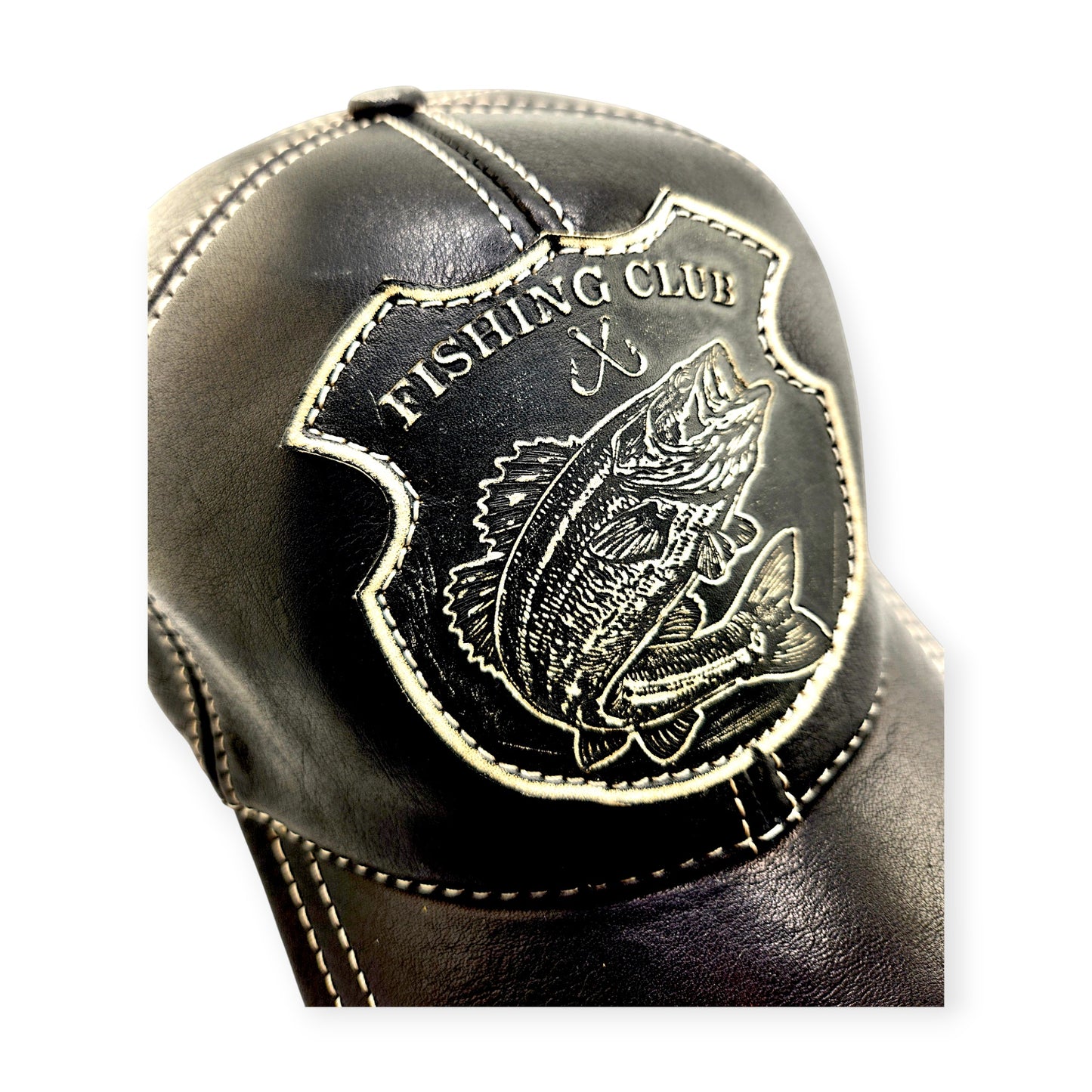 Leather Fishing Cap: Handmade Black Fisherman Hat with Bass Emblem, Leather Outdoor Cap for Men | Apero Bullo