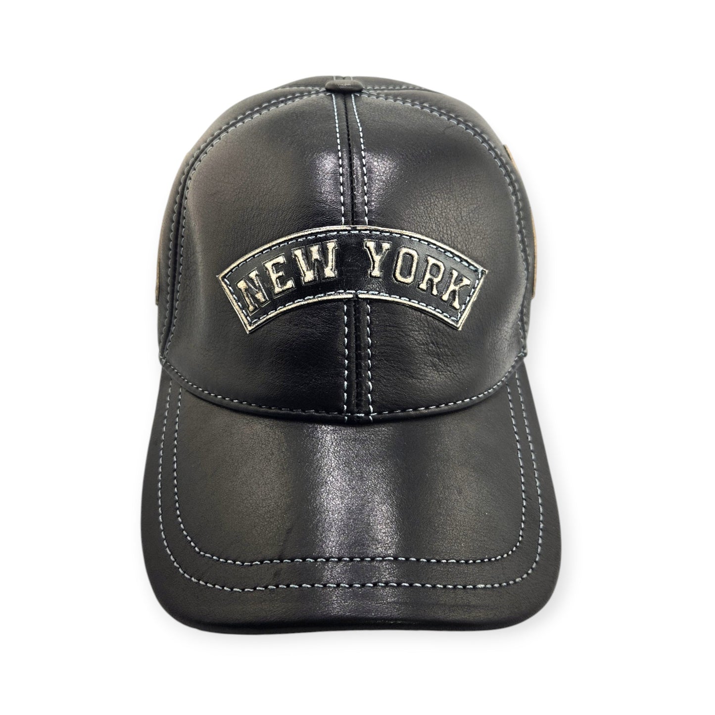 Leather Biker Hat: Handmade Black Motorcycle Cap for Men with “New York” Patch, Retro Military Baseball Style | Apero Bullo