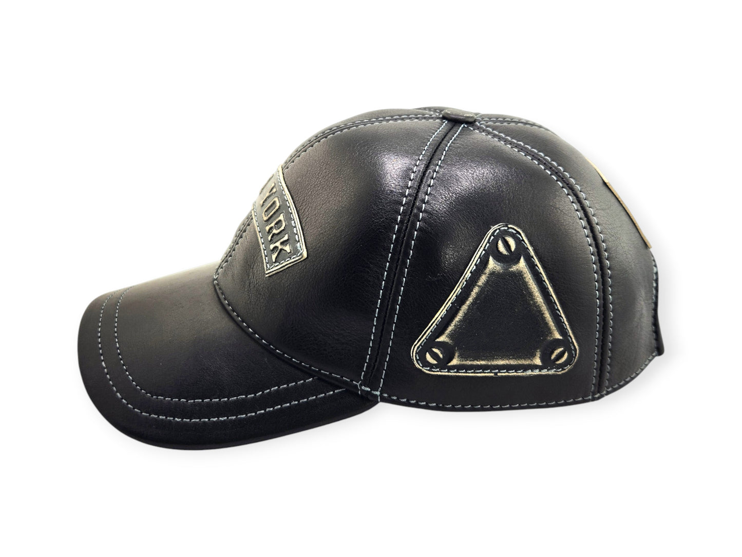 Leather Biker Hat: Handmade Black Motorcycle Cap for Men with “New York” Patch, Retro Military Baseball Style | Apero Bullo