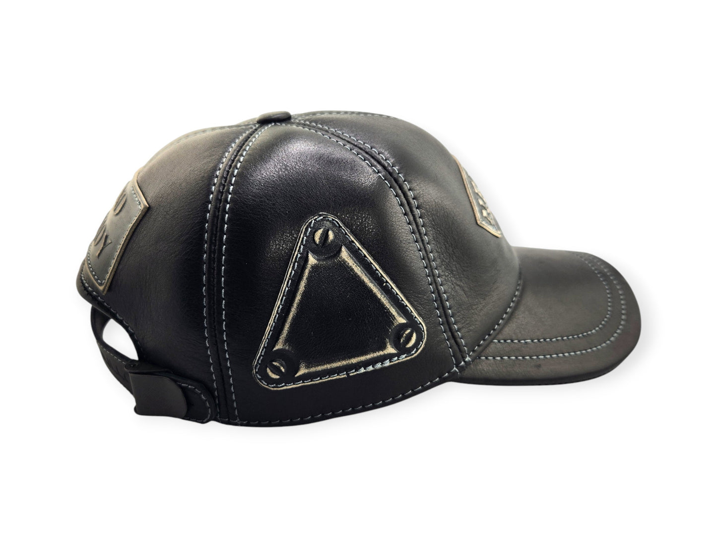 Leather Biker Hat: Handmade Black Motorcycle Cap for Men with “New York” Patch, Retro Military Baseball Style | Apero Bullo