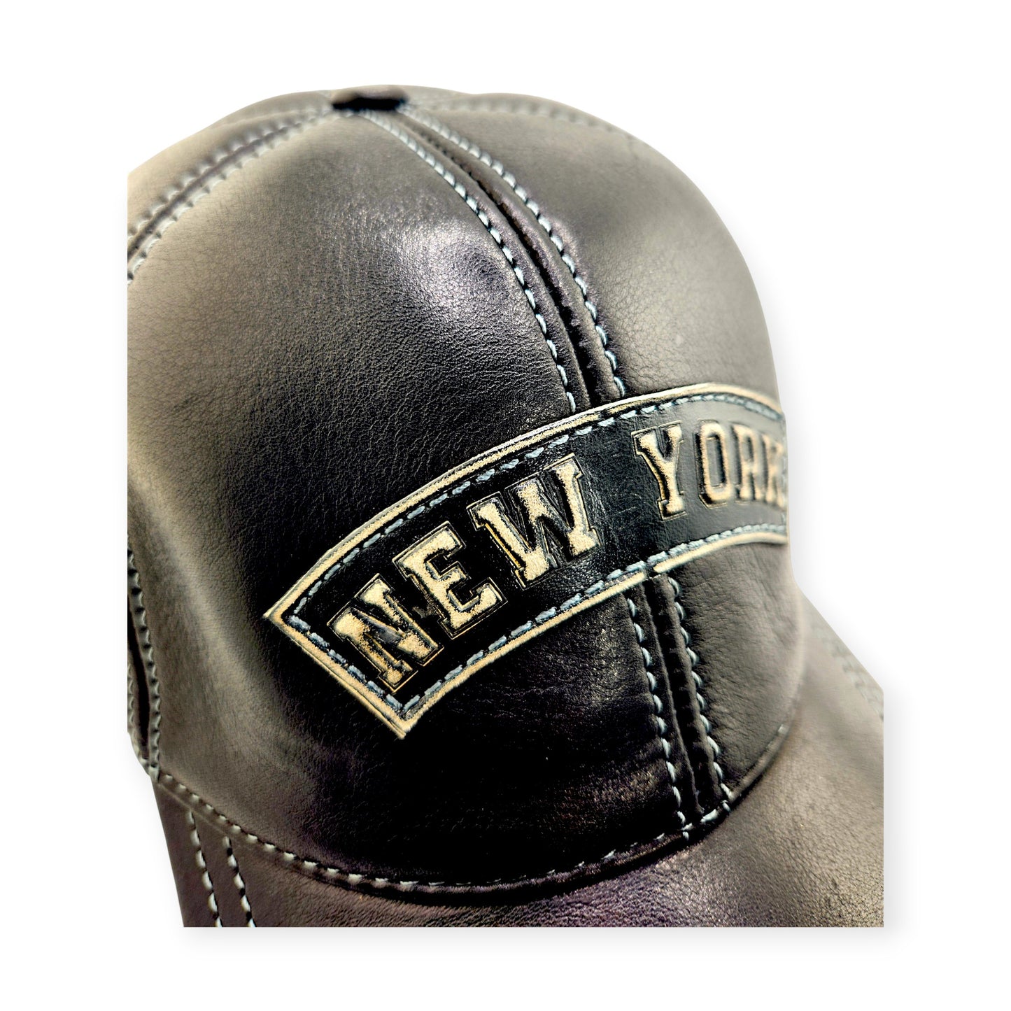 Leather Biker Hat: Handmade Black Motorcycle Cap for Men with “New York” Patch, Retro Military Baseball Style | Apero Bullo
