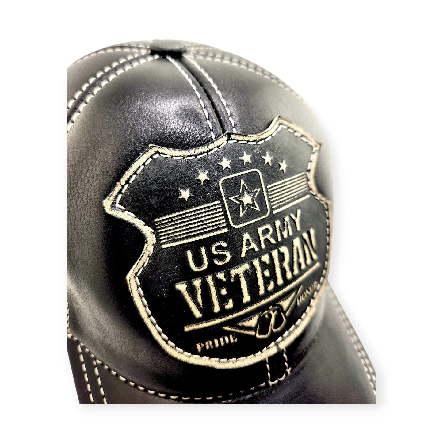 Leather Veteran Hat: Handmade Black Cap for Men with U.S. Army Badge Patch, Patriotic Military Style Baseball Hat | Apero Bullo