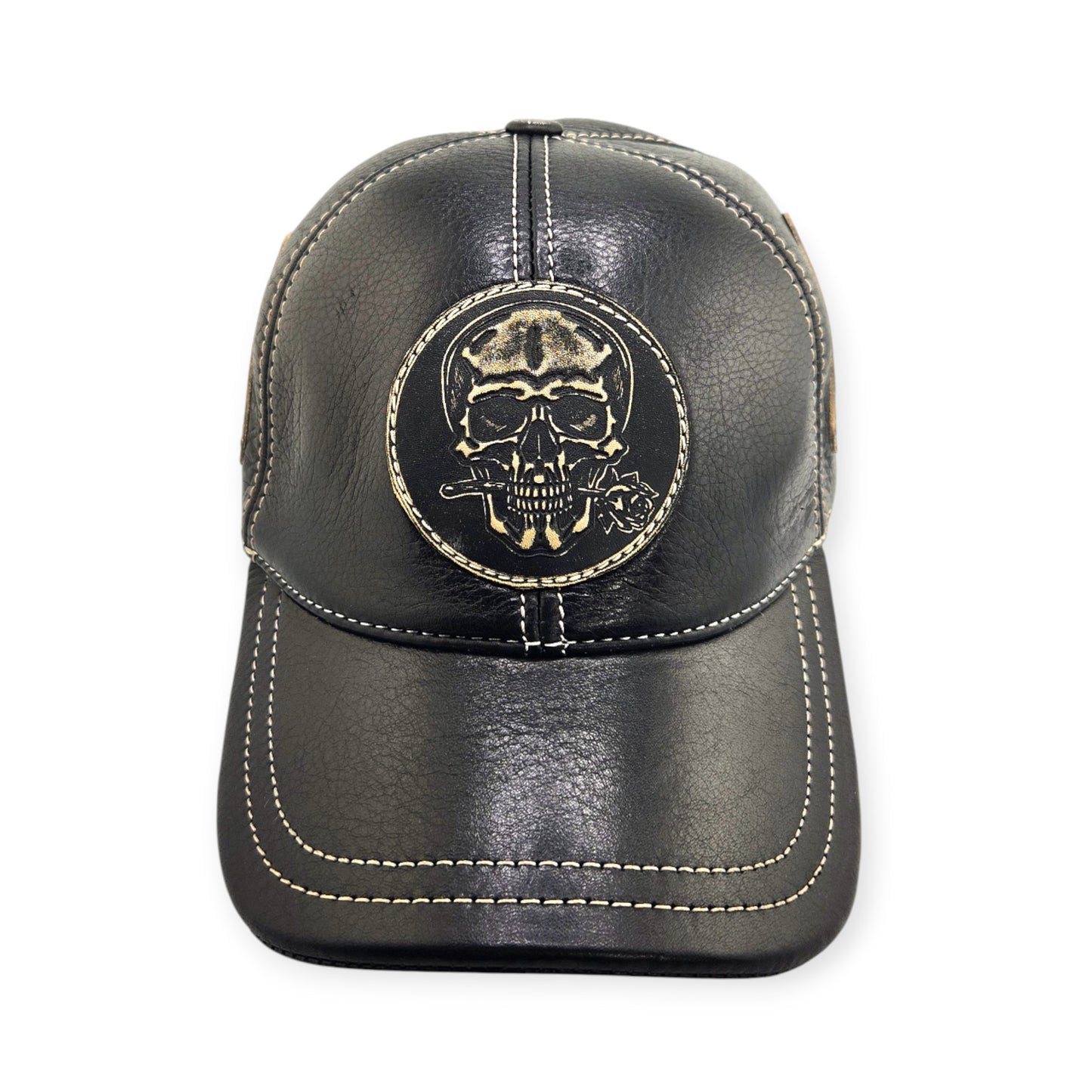 Leather Biker Hat: Handmade Black Motorcycle Cap for Men with Skull & Rose Patch and “Lost Souls” Back Emblem | Apero Bullo