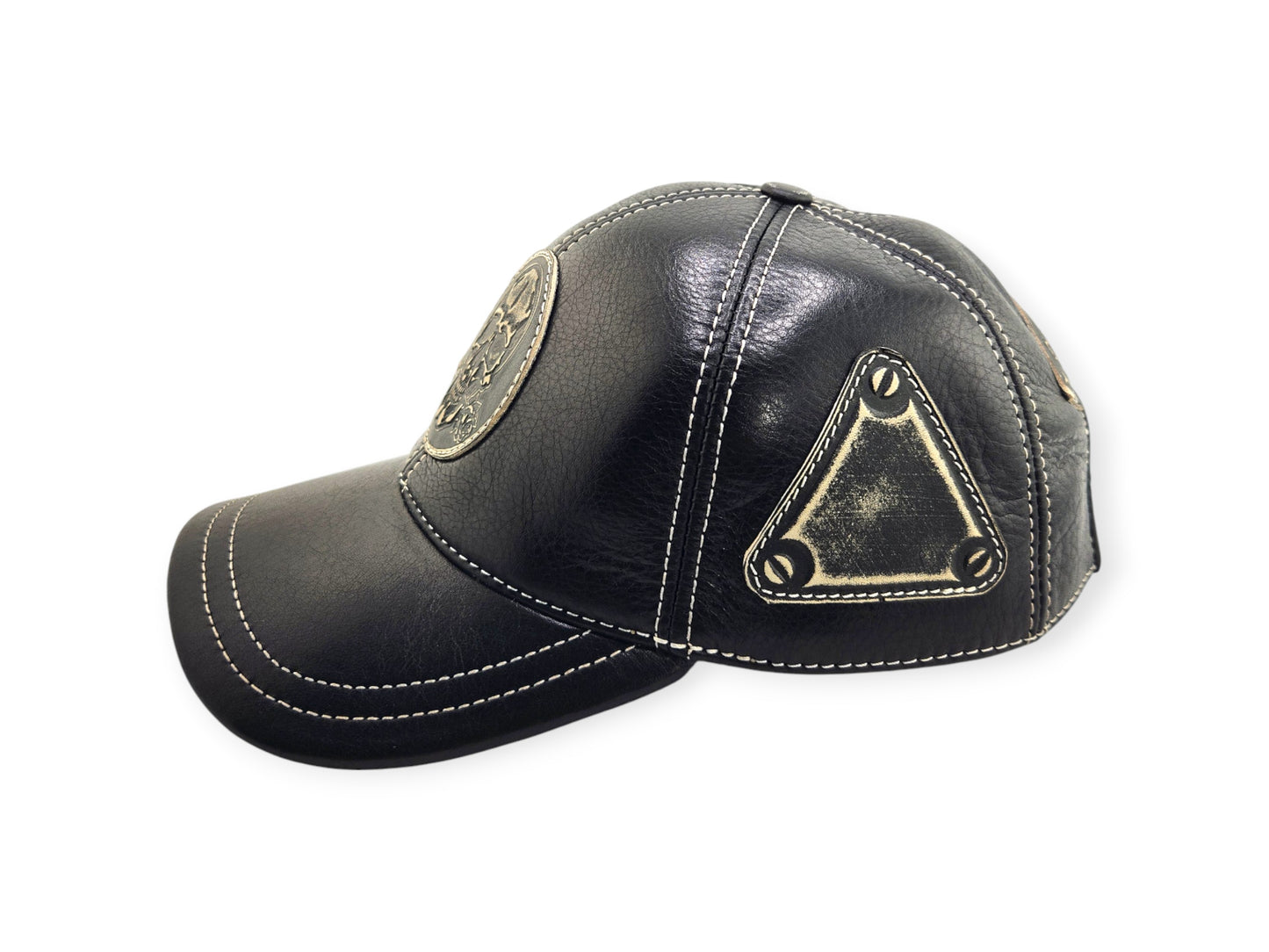 Leather Biker Hat: Handmade Black Motorcycle Cap for Men with Skull & Rose Patch and “Lost Souls” Back Emblem | Apero Bullo