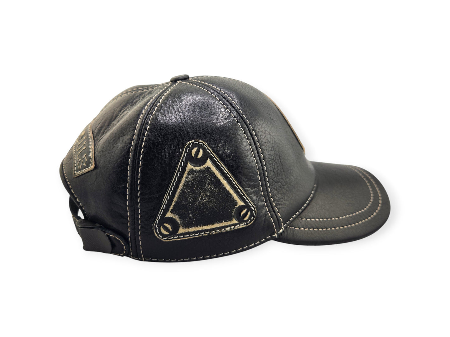 Leather Biker Hat: Handmade Black Motorcycle Cap for Men with Skull & Rose Patch and “Lost Souls” Back Emblem | Apero Bullo