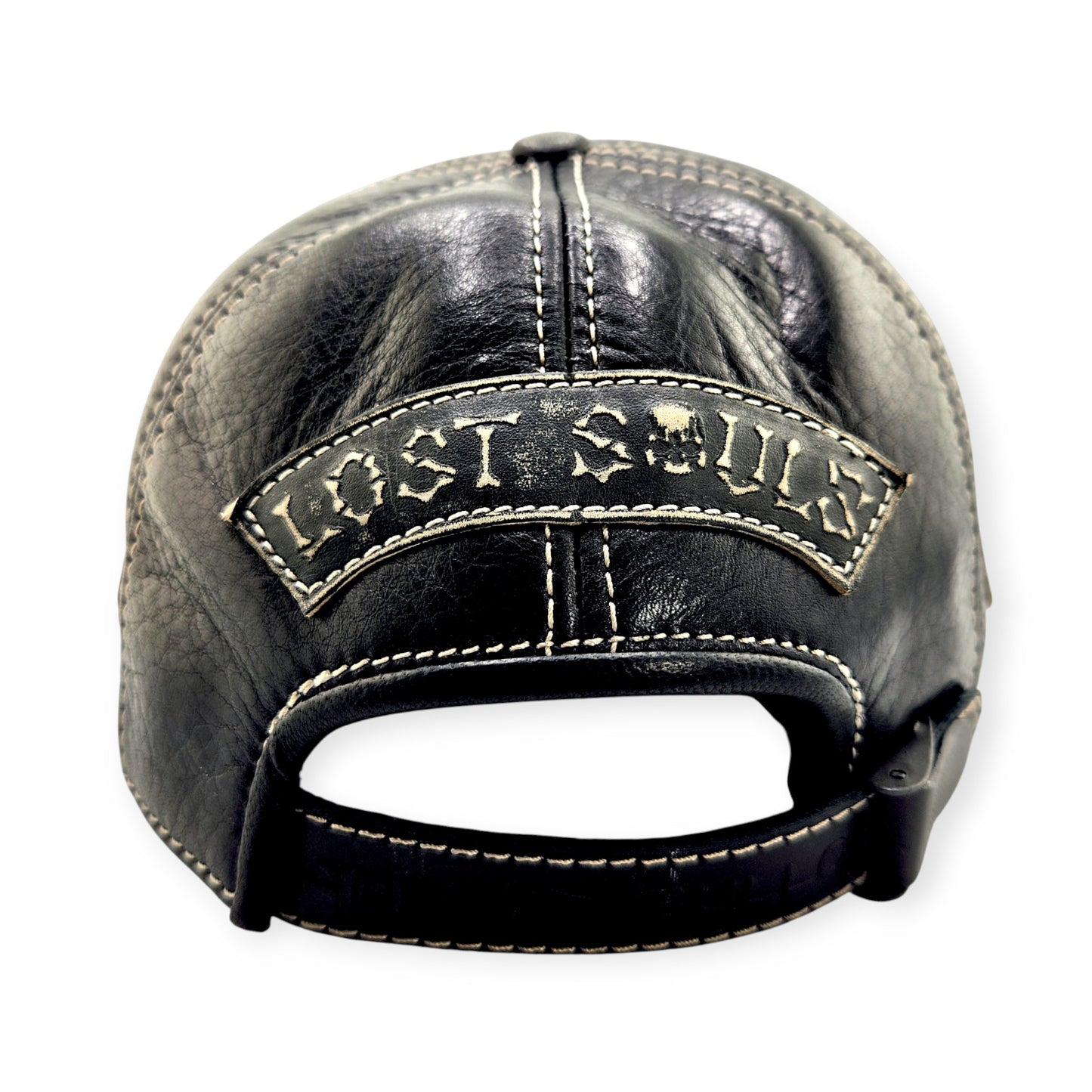 Leather Biker Hat: Handmade Black Motorcycle Cap for Men with Skull & Rose Patch and “Lost Souls” Back Emblem | Apero Bullo