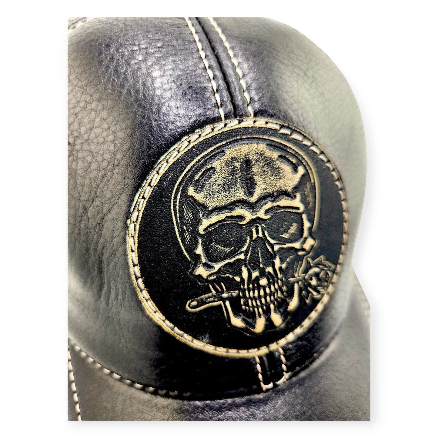 Leather Biker Hat: Handmade Black Motorcycle Cap for Men with Skull & Rose Patch and “Lost Souls” Back Emblem | Apero Bullo