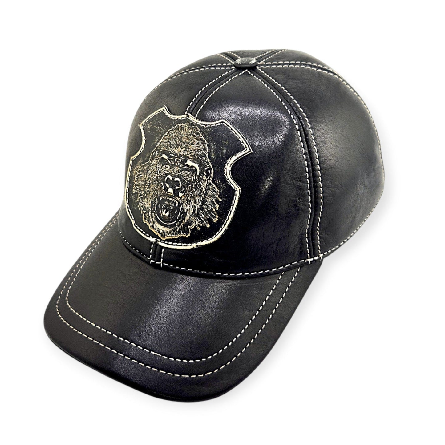 Leather Biker Hat – Handmade Black Motorcycle Cap with Gorilla Patch | Apero Bullo