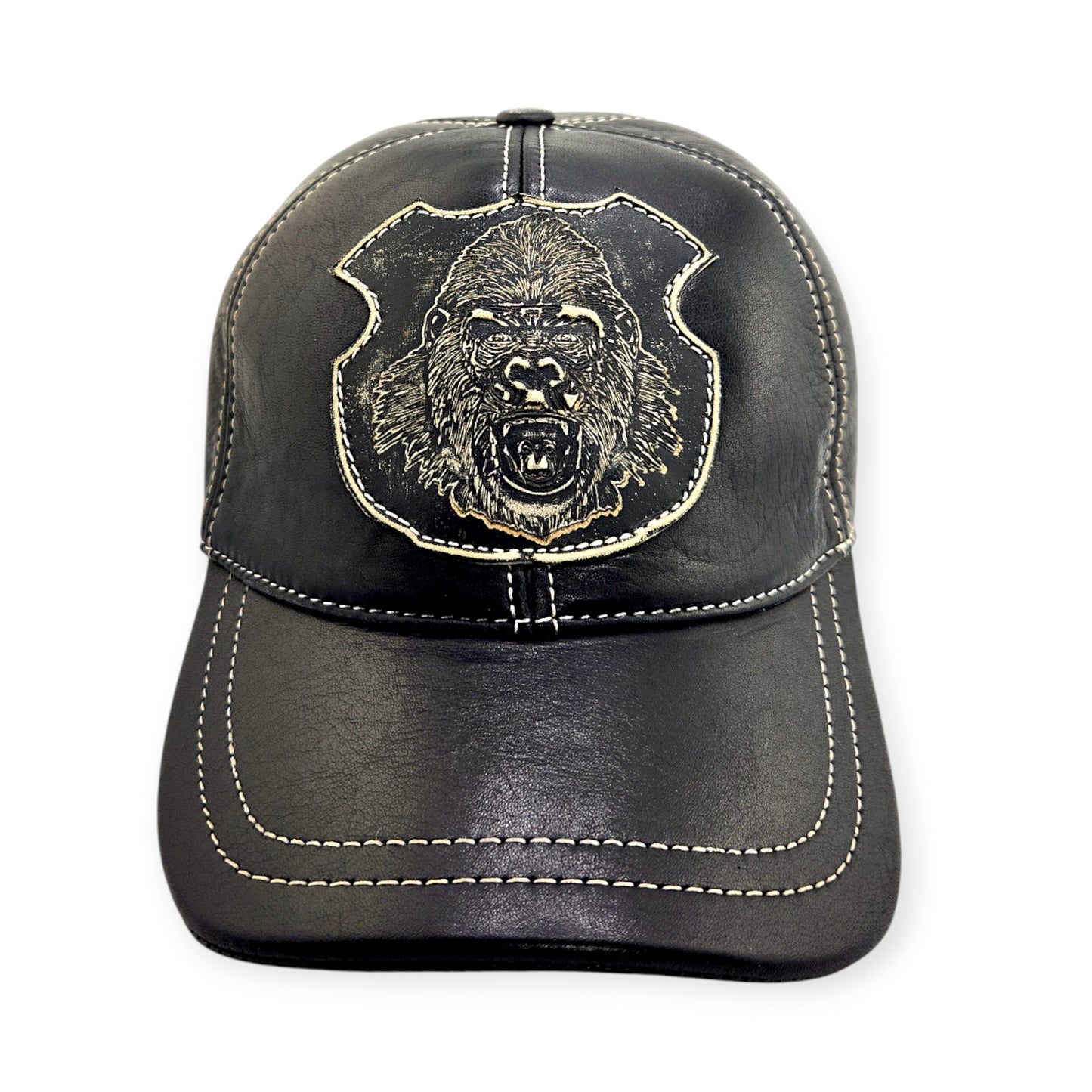 Leather Biker Hat – Handmade Black Motorcycle Cap with Gorilla Patch | Apero Bullo